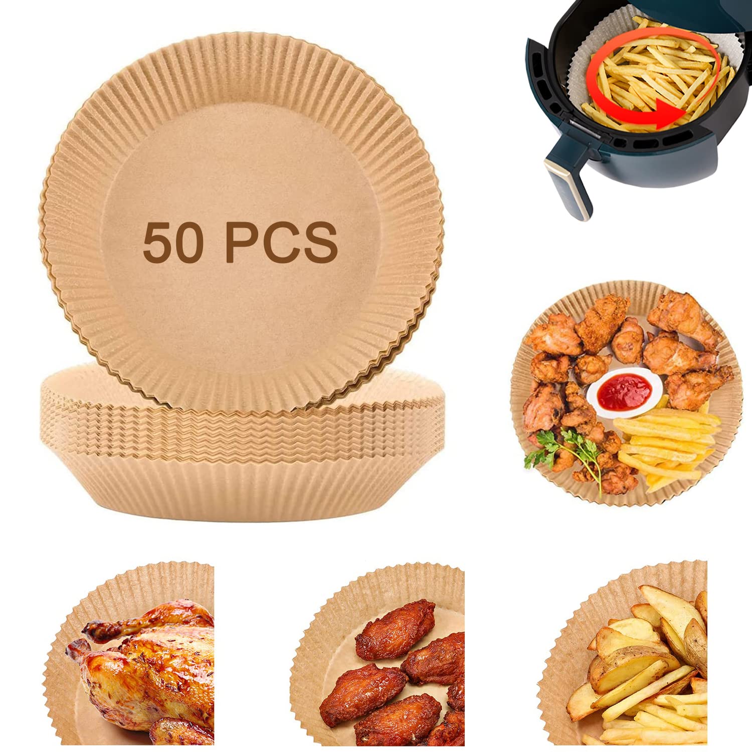 50Pcs Disposable Air Fryer Paper Liners - 6.3 Inch Non-Stick Parchment Sheets for Oil-Proof & Waterproof Baking, Roasting & Microwave Use - Perfect for Air Fryer, Oven & Kitchen Cooking Accessories