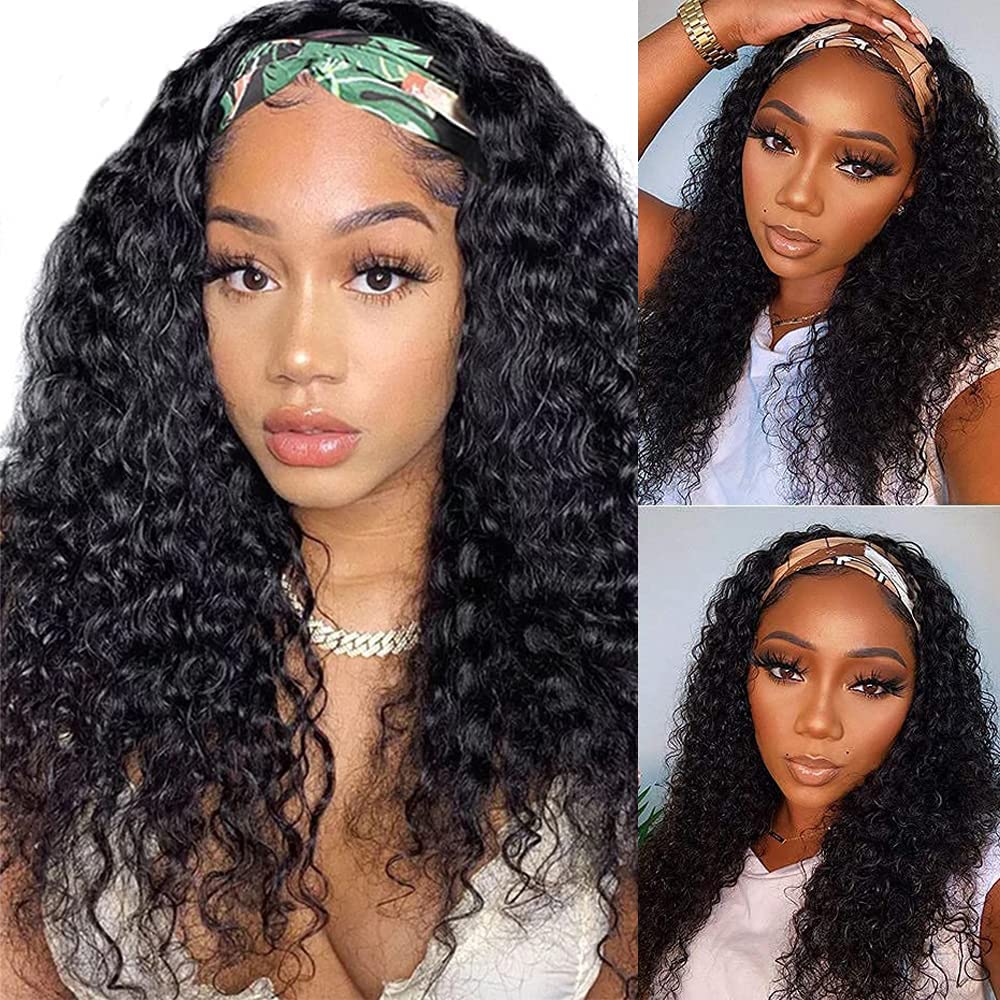 26 Inch Deep Wave Headband Wig - 100% Virgin Human Hair for Black Women | Glueless Curly Headband Wig with Natural Color | Perfect for Daily Wear, Parties & Special Occasions
