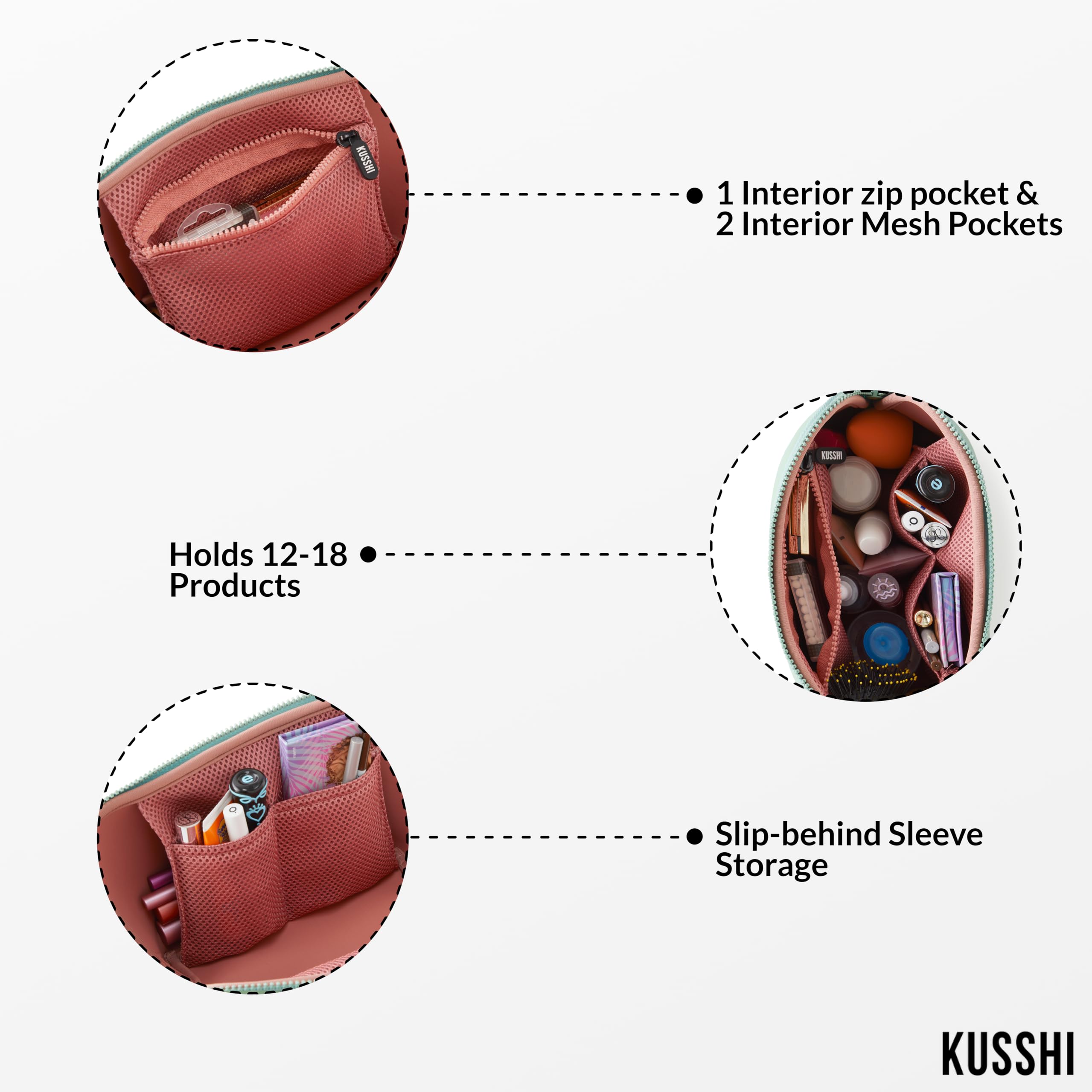 KUSSHI Neoprene Makeup Bag for Travel - Waterproof & Washable Cosmetic Pouch with Zipper Closure (Sage Green/Coral Rose) | Perfect for Toiletries, Makeup Brushes & Travel Essentials | Great Gift for Women