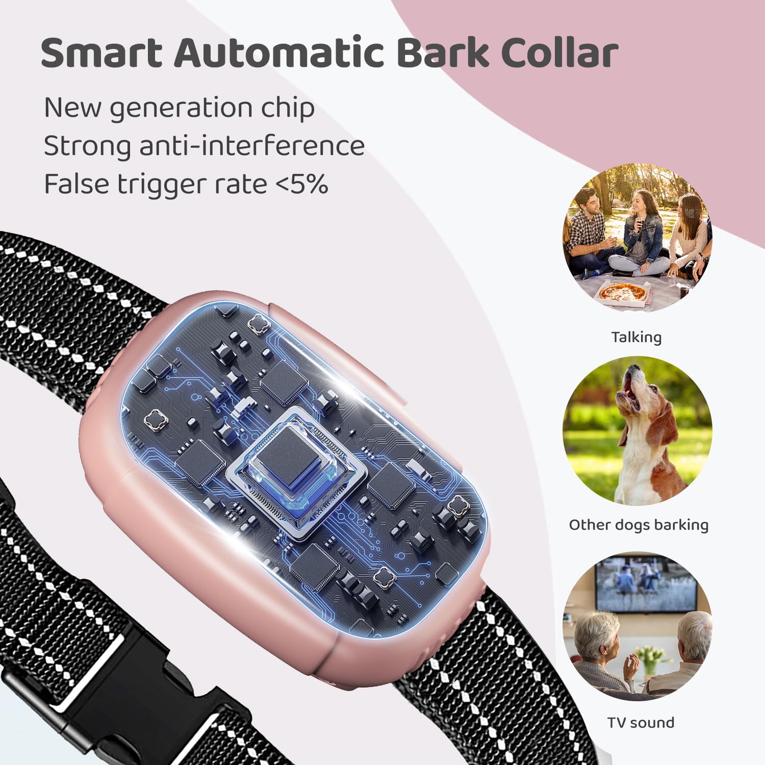 Rechargeable Anti Bark Collar for Dogs - Adjustable Beep & Vibration Training Collar with 5 Sensitivity Levels for Small, Medium & Large Dogs (Pink) | Effective No Bark Control for Home, Yard & Outdoor Use