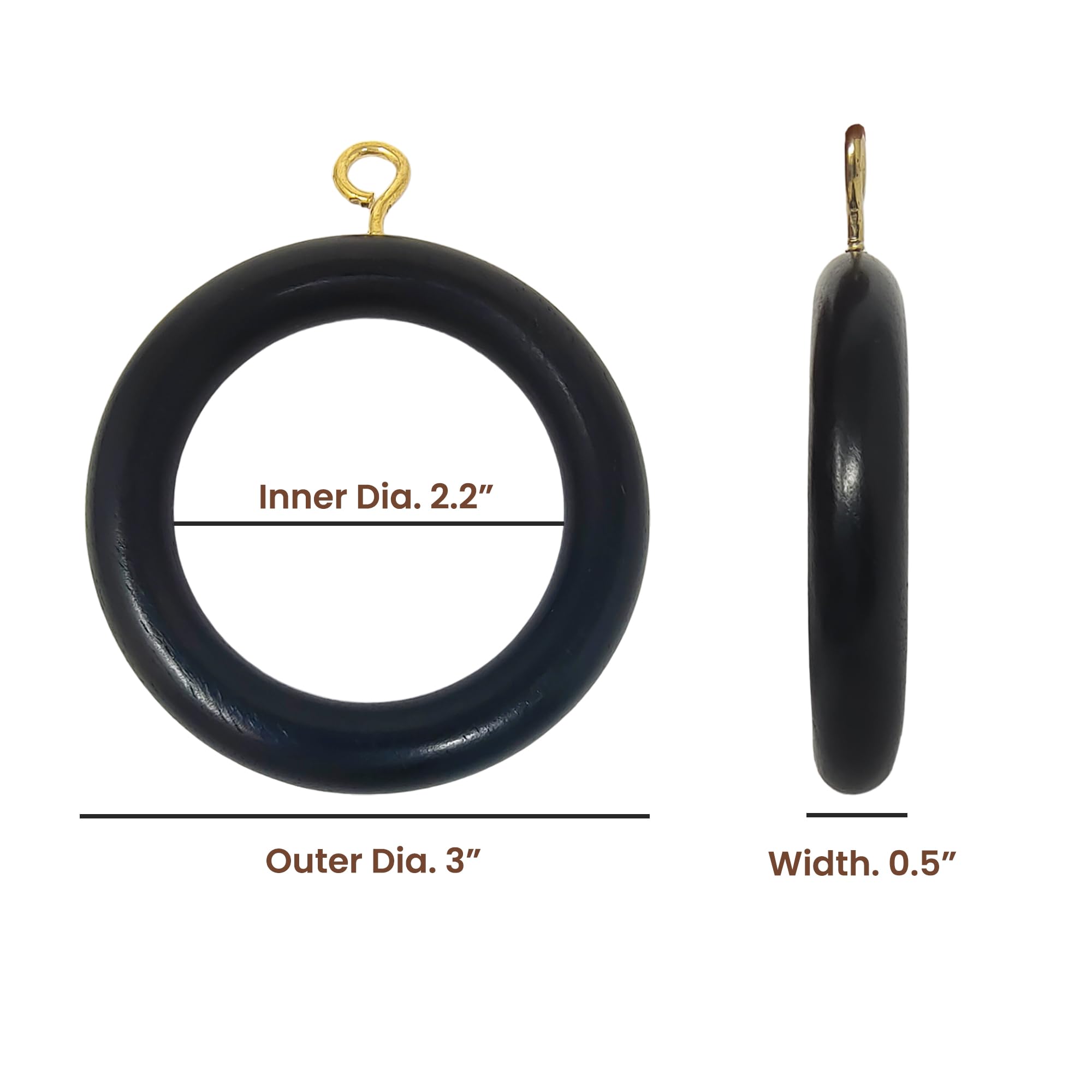 Premium 12-Piece Black Wooden Curtain Rings for 1-1.7 Inch Rods - Elegant Drapery Hardware for Living Room, Bedroom & Dorm Decor