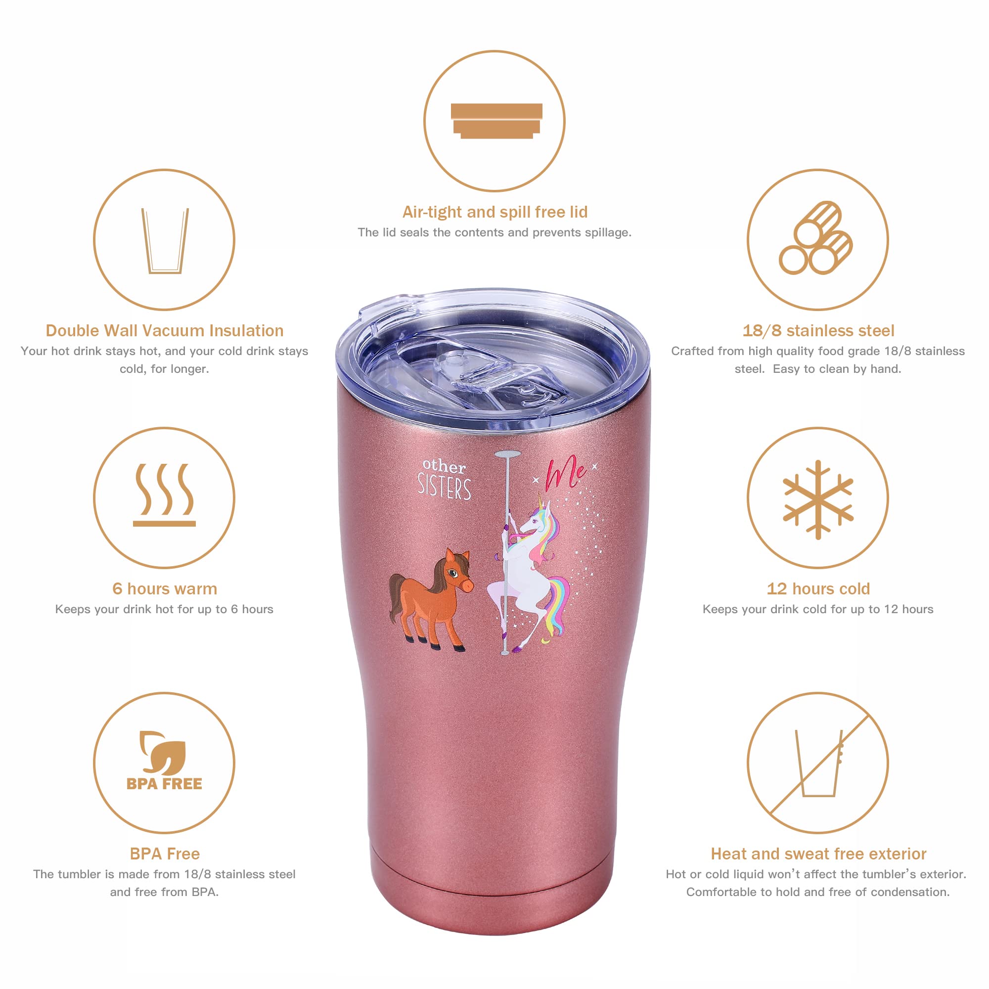 Shamone Unicorn Sister Gift Tumbler - 20oz Insulated Stainless Steel Cup with Lid, Straw & Cleaning Brush - Perfect Birthday & Christmas Present for Sisters - Funny Rose Gold Gift for Sister - Ideal for Coffee, Tea & Cold Drinks at Home, Office or School