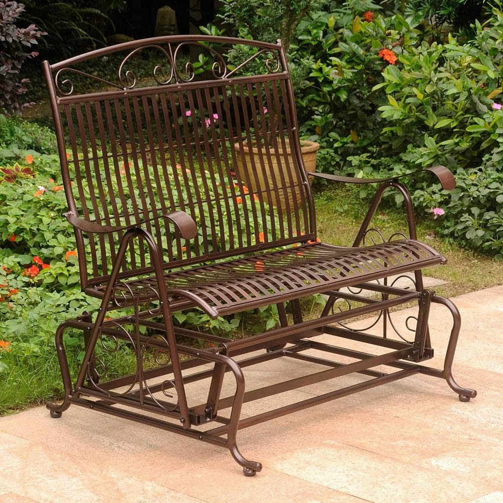 Mandalay Iron Double Glider Bench Seat - Hammered Bronze Patio Swing for Outdoor Garden, Porch, and Backyard Relaxation