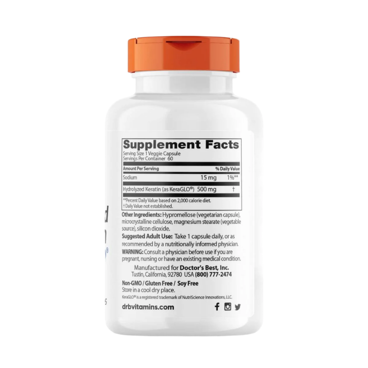 Doctor's Best Hydrolyzed Keratin 500mg - 60 Vegetarian Capsules for Hair, Skin & Nails Support - Promotes Healthy Growth & Strength - Perfect for Daily Beauty Supplement Routine