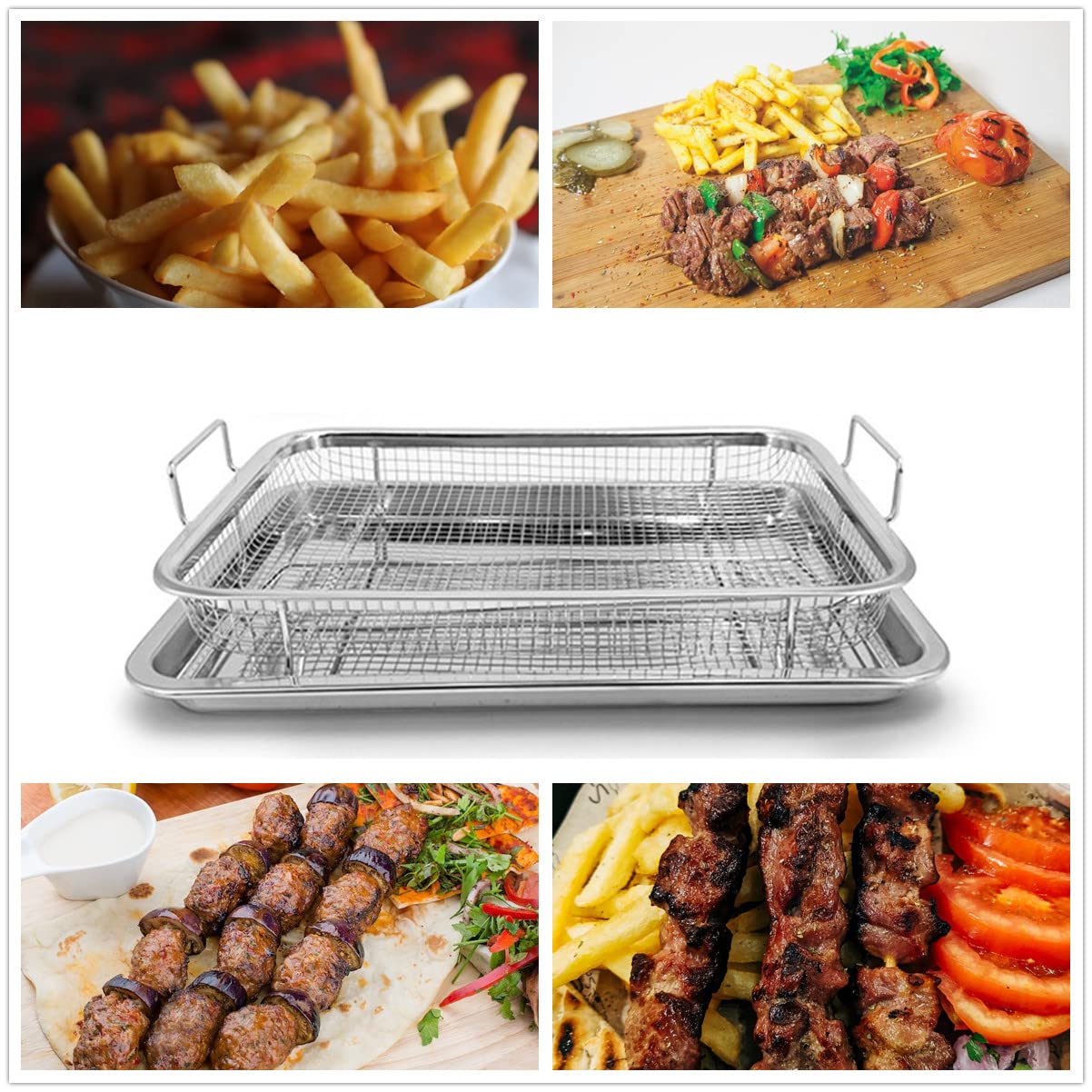 Stainless Steel Air Fryer Basket Set for Oven - Non-Stick Crisper Tray, Pan Tray & Grease Catcher | Even Heat Distribution for Healthy Cooking | Perfect for Fries, Bacon, Chicken Wings & Vegetables | Oven & Air Fryer Accessories
