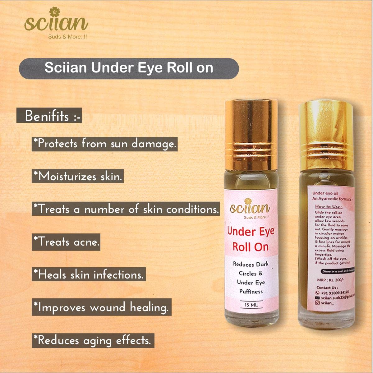SCIIAN Under Eye Roll On for Dark Circles & Puffiness - Anti-Wrinkle Eye Serum with Ayurvedic & Argan Oils - 15ml Dark Circle Treatment for Women & Men - Perfect for Morning Routine & Travel Skincare