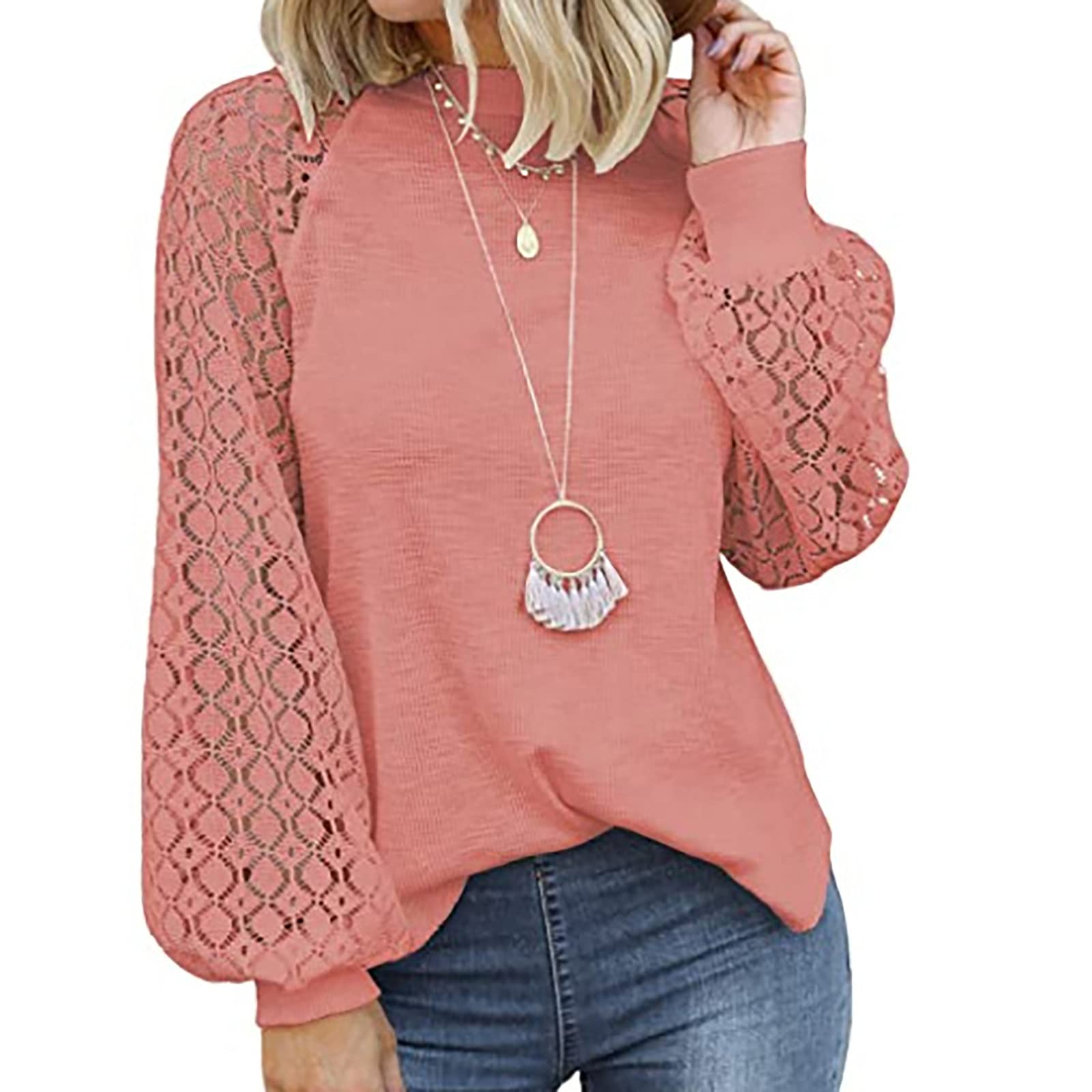 ZEFOTIM Plus Size Women's Tops - Trendy Spring Solid Lace Splicing Casual Shirt with Lantern Sleeves & O-Neck Tunic Blouse | Perfect for Office, Dating & Everyday Wear