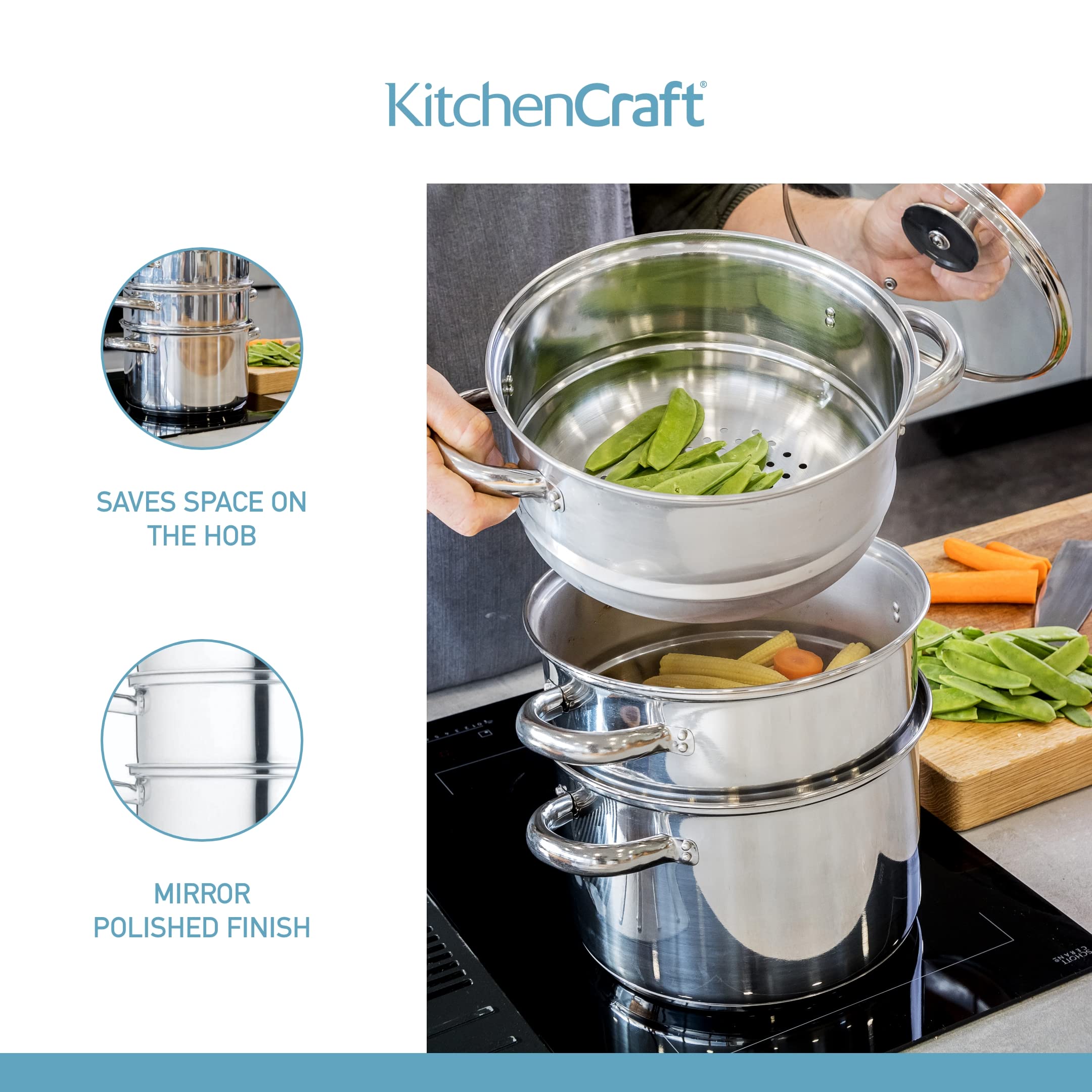 KitchenCraft 3-Tier Stainless Steel Food Steamer Pot with Lid - 22cm/8.5 Inch Silver Cooking Pan for Vegetables, Dumplings & Seafood - Perfect for Healthy Meal Prep, Asian Cuisine & Family Dinners