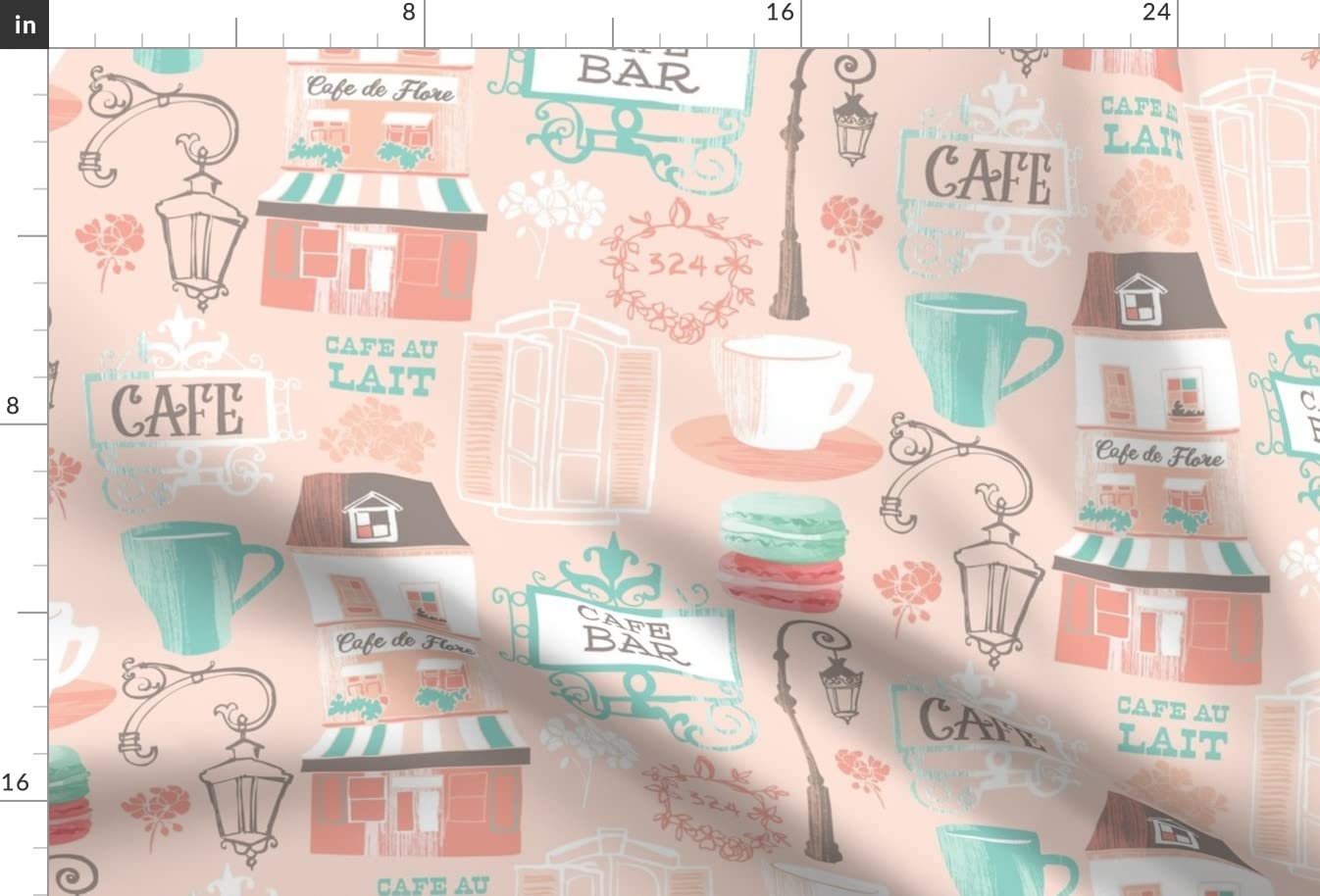 Vintage Paris Coffee Tea Print Velvet Fabric - Spoonflower Upholstery & Home Decor Fat Quarter - Pastel Printed Bottomweight Fabric for DIY Projects, Curtains & Throw Pillows