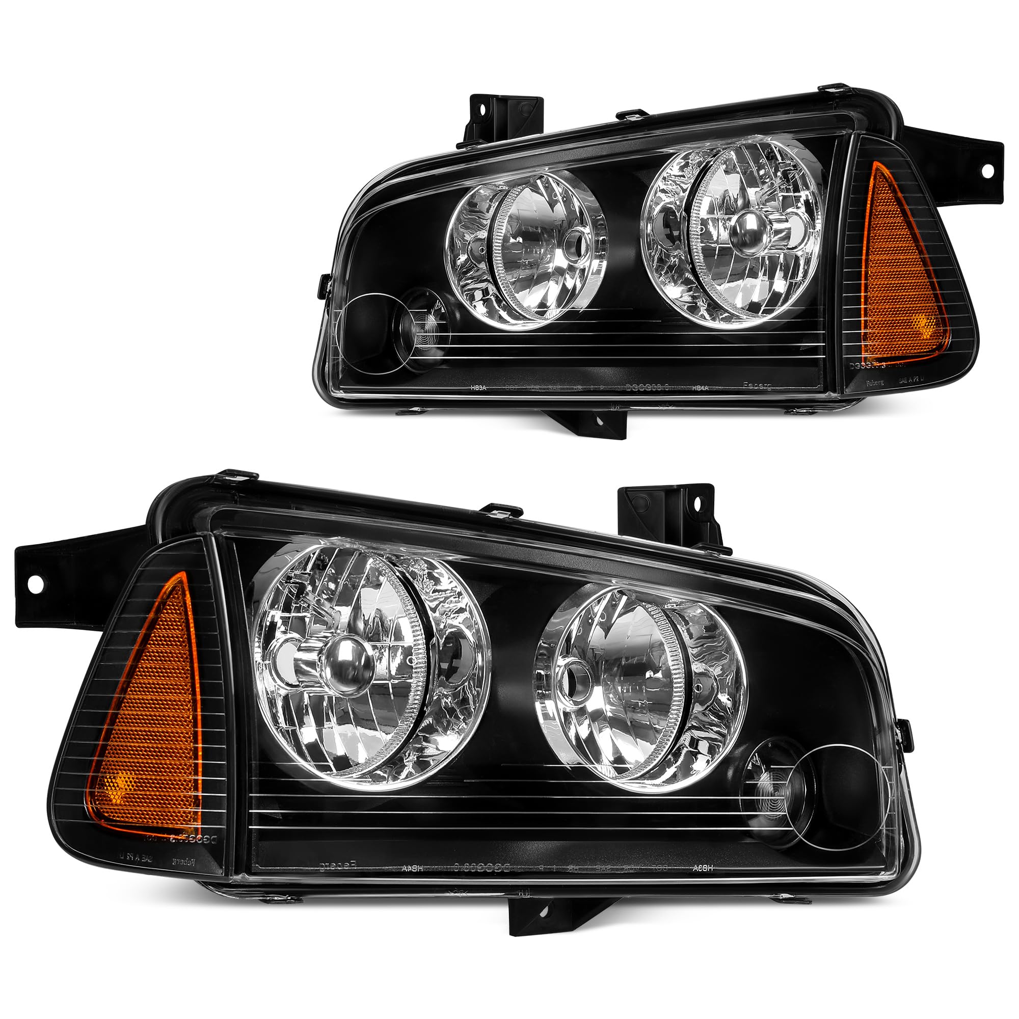 DWVO Headlight Assembly for 2006-2010 Dodge Charger - Black Housing with Amber Reflector (Pair) | Replacement Headlights for Improved Night Visibility & Style Upgrade
