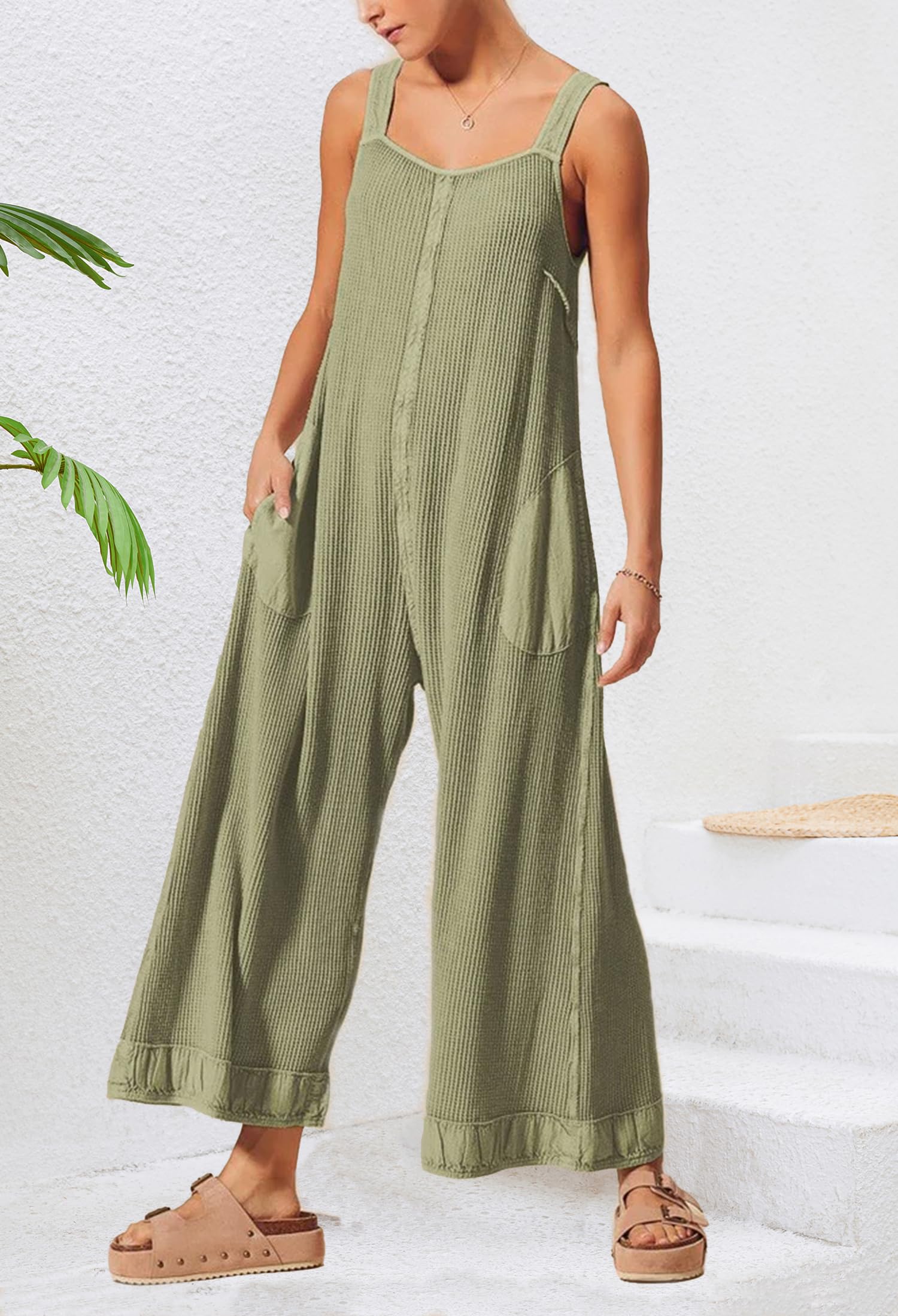 Ladyful Women's Summer Wide Leg Overalls - Casual Loose Sleeveless Jumpsuit with Waffle Texture & Backless Tank Romper for Beach, Vacation, and Outdoor Activities