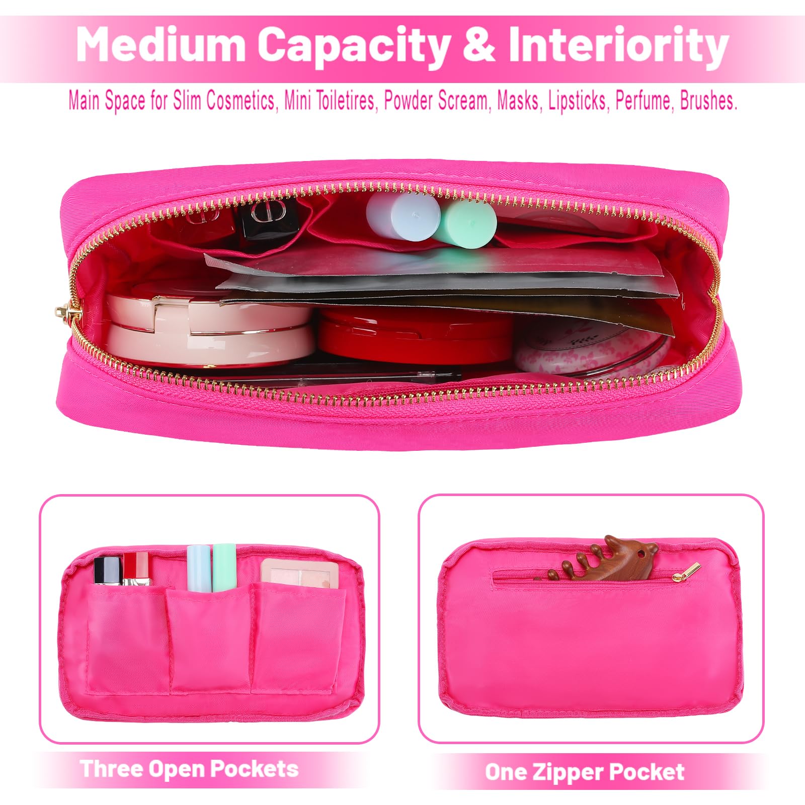 Hot Pink Nylon Cosmetic Pouch with Zipper Pocket - Women's Makeup Bag & Skin Care Organizer for Purse (Medium Size) - Perfect for Travel, Gym & Everyday Essentials Storage