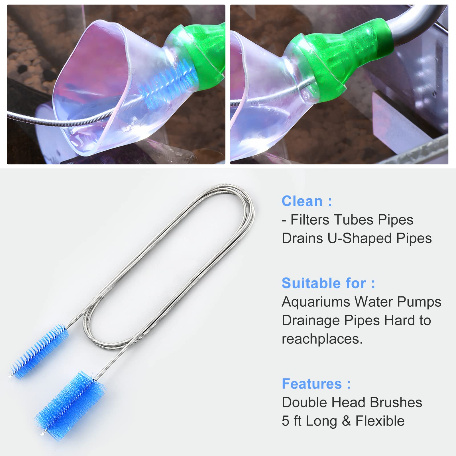 Flexible Drain Brush Cleaner Kit - 5ft Double Head Brush for Pipes, Tanks & Sinks