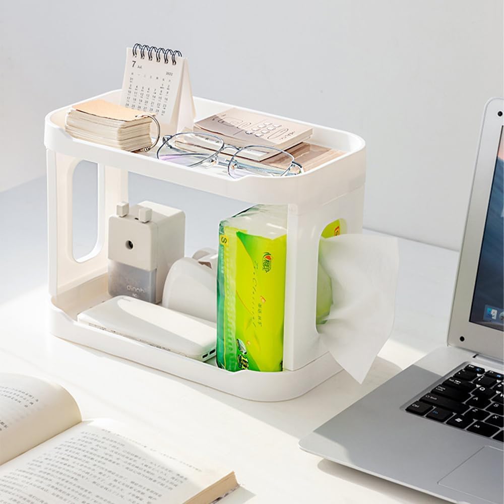 OTIPORTER 2-Tier Foldable Desktop Organizer - Plastic Storage Shelf for Office, Home, Kitchen & Bathroom | Space-Saving Cosmetic & Stationery Holder | Perfect for Small Spaces & Clutter-Free Organization (White)