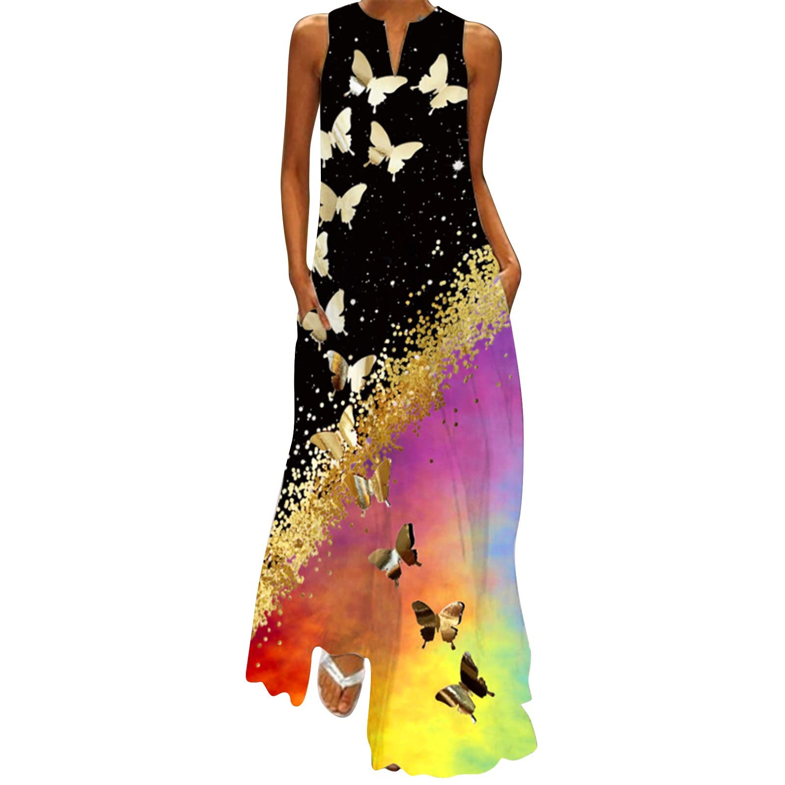 Elegant Boho Maxi Dress for Women & Teens - Flowy V-Neck Summer Beach Sundress with Loose Fit, Floral Print - Perfect for Beach Vacations, Casual Outings, and Fall Events