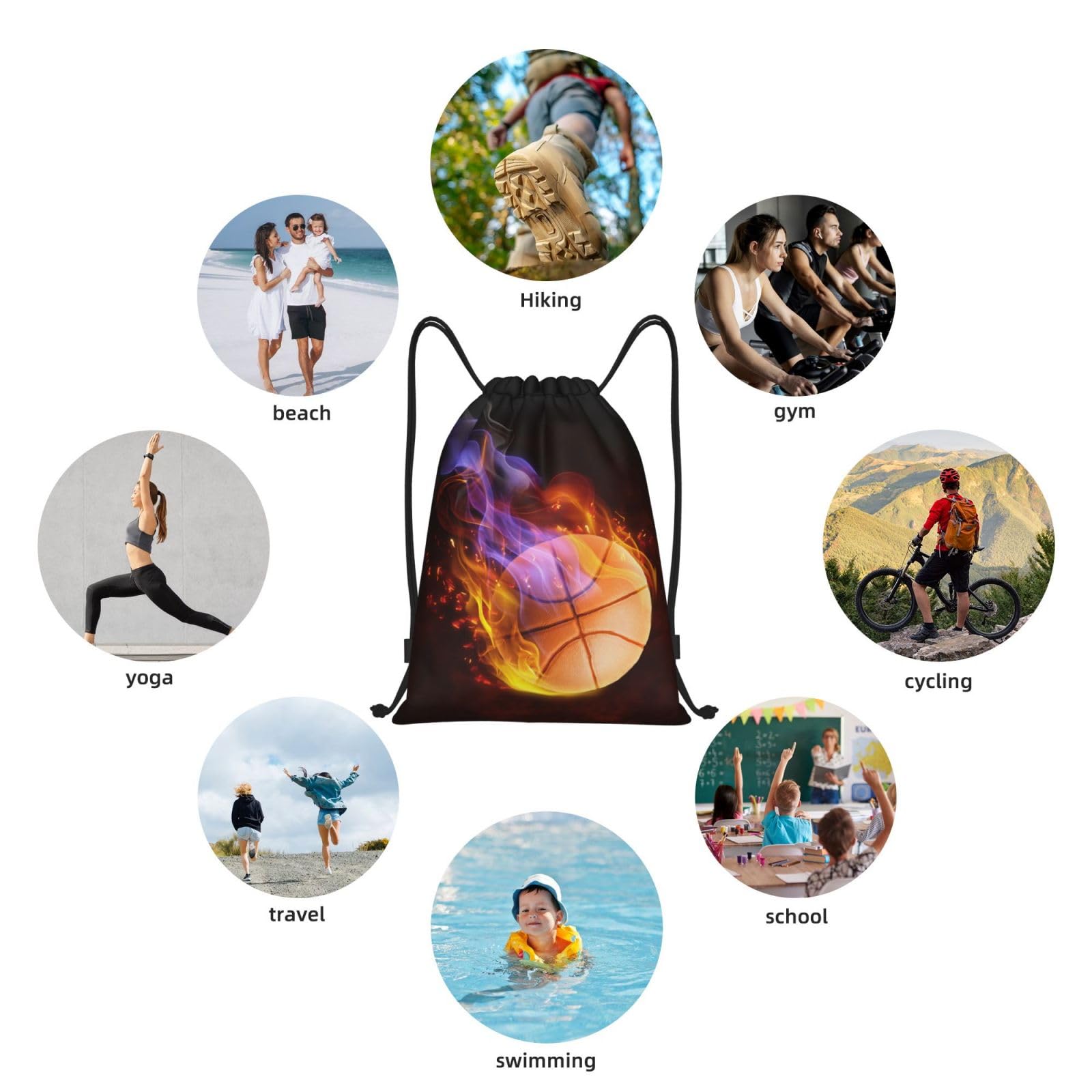 Fire Basketball Drawstring Backpack for Kids, Teens & Adults - Lightweight Sports Daypack for School, Gym, Travel, Hiking & Work - Black Medium Drawstring Bag for Boys, Girls, Men & Women