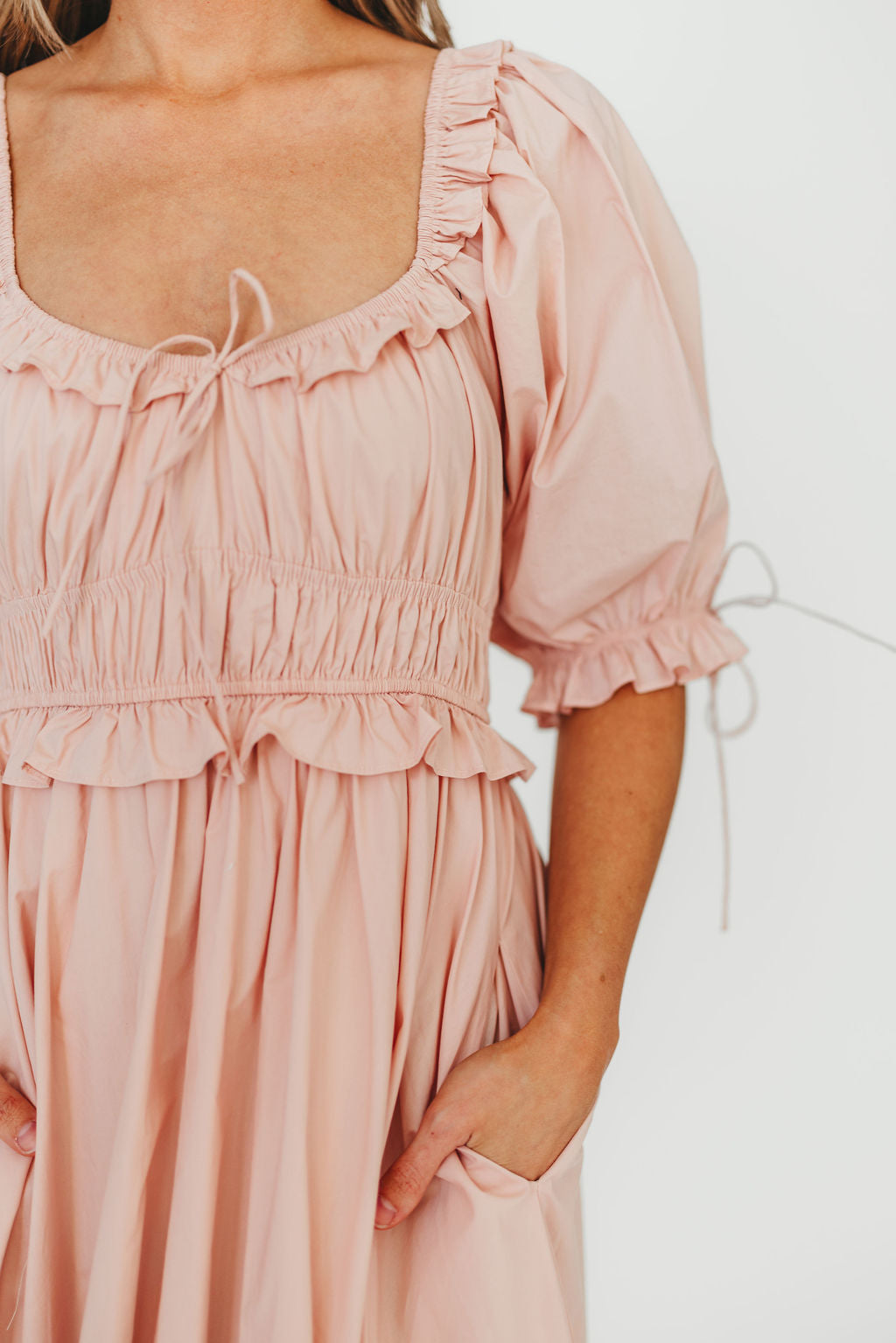 100% Cotton Crissy Ruched Midi Dress in Dusty Pink | Bump Friendly Maternity Dress | Perfect for Baby Showers, Date Nights & Summer Weddings