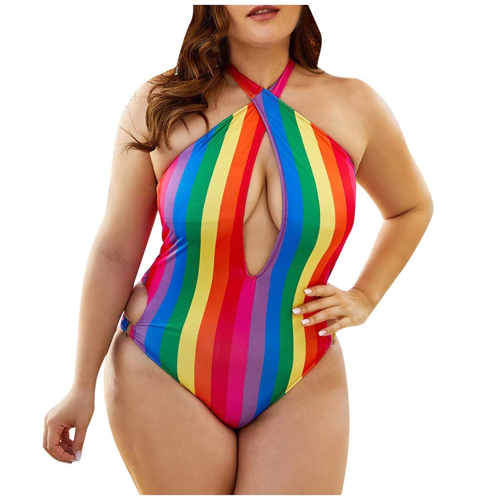 Women's One-Piece Swimsuit - Rainbow Stripe Print Halter Bikini - Sexy Beachwear & Pool Party Swimwear for Summer Vacation