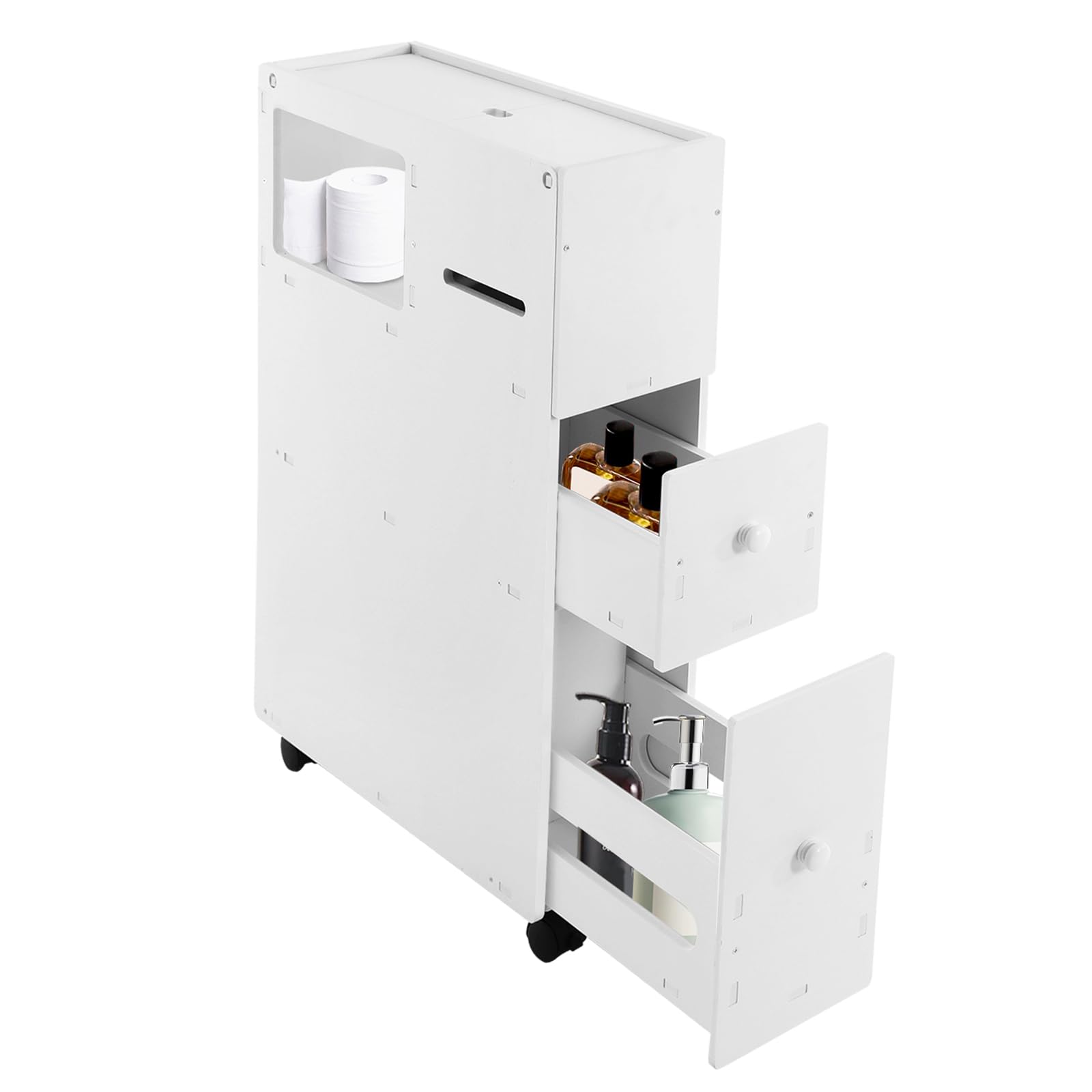 White Slim Rolling Bathroom Storage Cabinet - Space Saving for Small Bathrooms