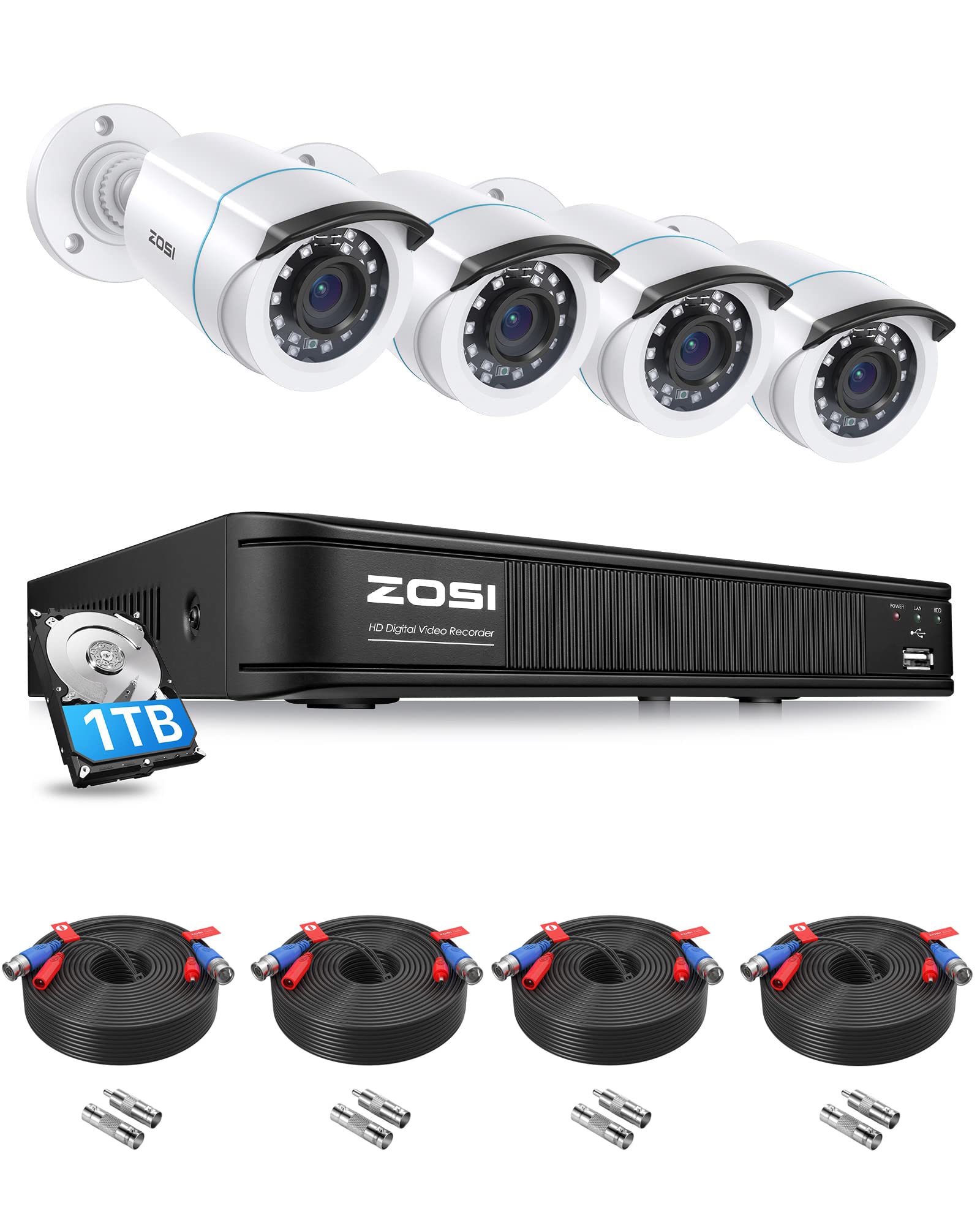 ZOSI 8 Channel 5MP-Lite H.265+ 1080p Security Camera System with 1TB Hard Drive - 4 Weatherproof Bullet Cameras for Indoor/Outdoor Use, 80ft Night Vision & Motion Alerts - Ideal for Home, Office, and Business Surveillance