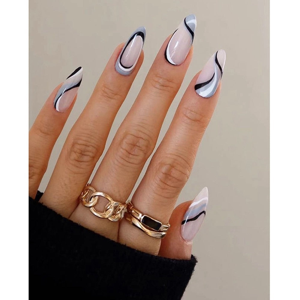 24Pcs/Box Almond Round Wavy False Nails - Detachable Stiletto Press On Nails with Full Cover French Ballerina Tips | Perfect for Parties, Weddings & Special Occasions