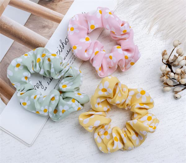 Daisy Scrunchies Hair Ties for Women & Girls - 5 Pack Satin Hair Bands with Daisy Flowers for Thick Hair - Soft Elastic Hair Accessories for Ponytails, Buns & Everyday Styling