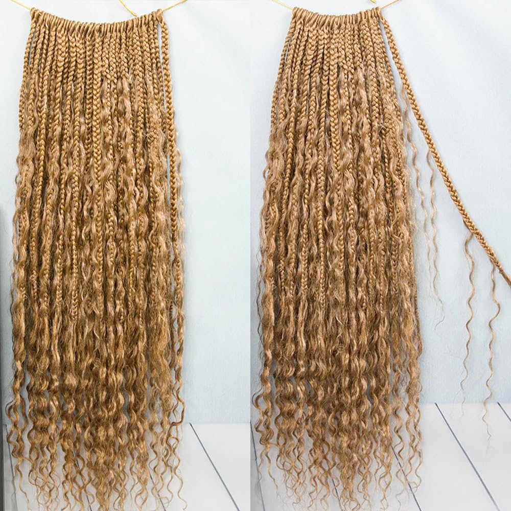 Honey Blonde #27 Crochet Boho Braids with Human Hair Curls - 24 Inch Pre-looped Box Braids with Curly Ends (80 Strands) - Perfect for Boho Chic, Festival, and Everyday Protective Hairstyles
