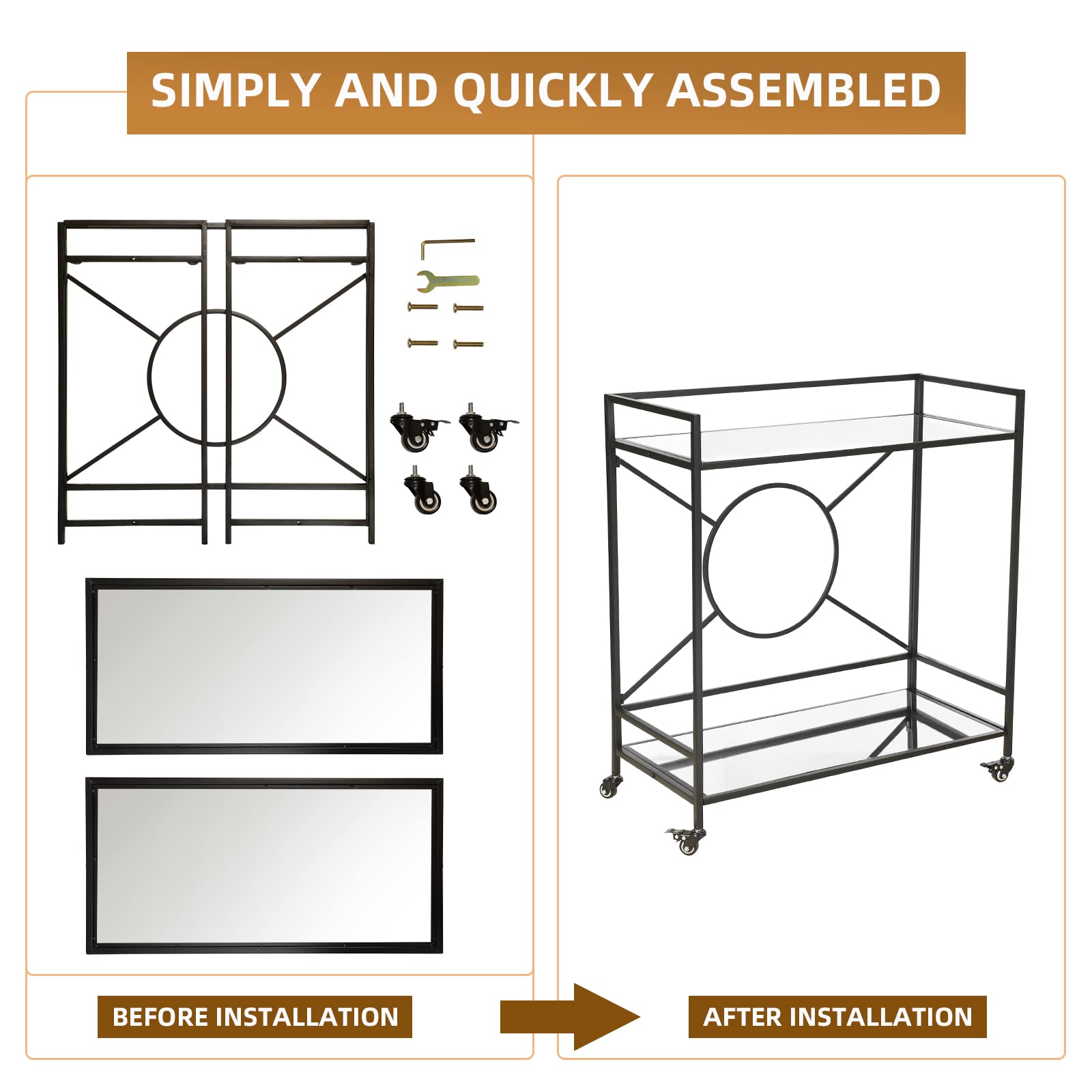 Palama Black Bar Cart for Home - Easy Assembly with Only 4 Screws, 2-Tier Rolling Snack Cart with 2 Mirrored Shelves & Lockable Wheels - Perfect for Living Room, Kitchen, or Outdoor Entertaining