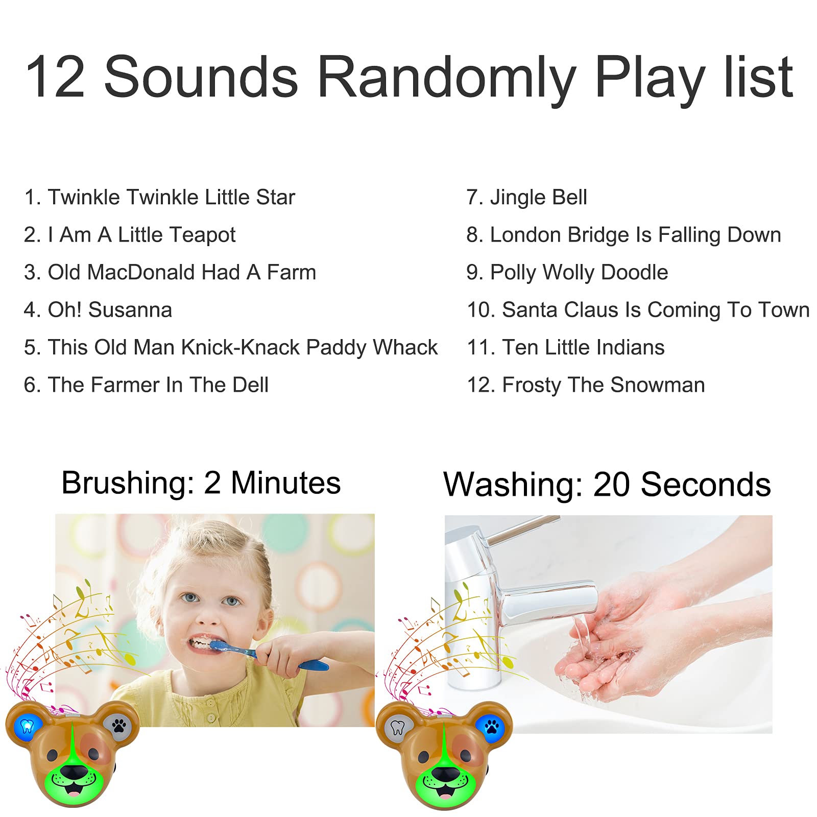 LUXSWAY Cute Animal Toothbrush Timer with Music & Volume Control - 2-Minute Brushing & 20-Second Handwashing Training for Kids - Rechargeable LED Visual Timer (Dog Design) - Perfect for Bathroom, Kids' Dental Hygiene & Handwashing Routine