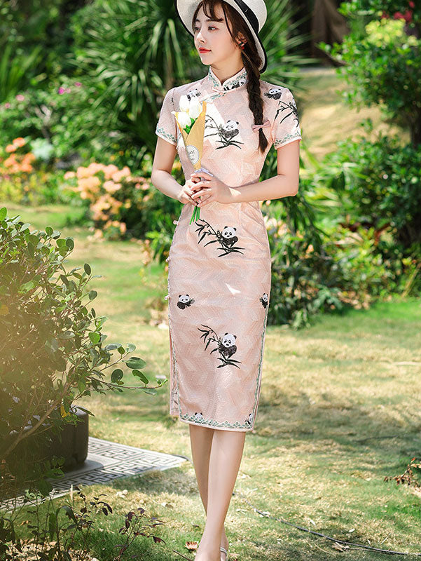 Elegant White & Pink Lace Embroidered Panda Cheongsam Qi Pao Dress for Women | Traditional Chinese Qipao Dress | Perfect for Weddings, Parties & Cultural Events