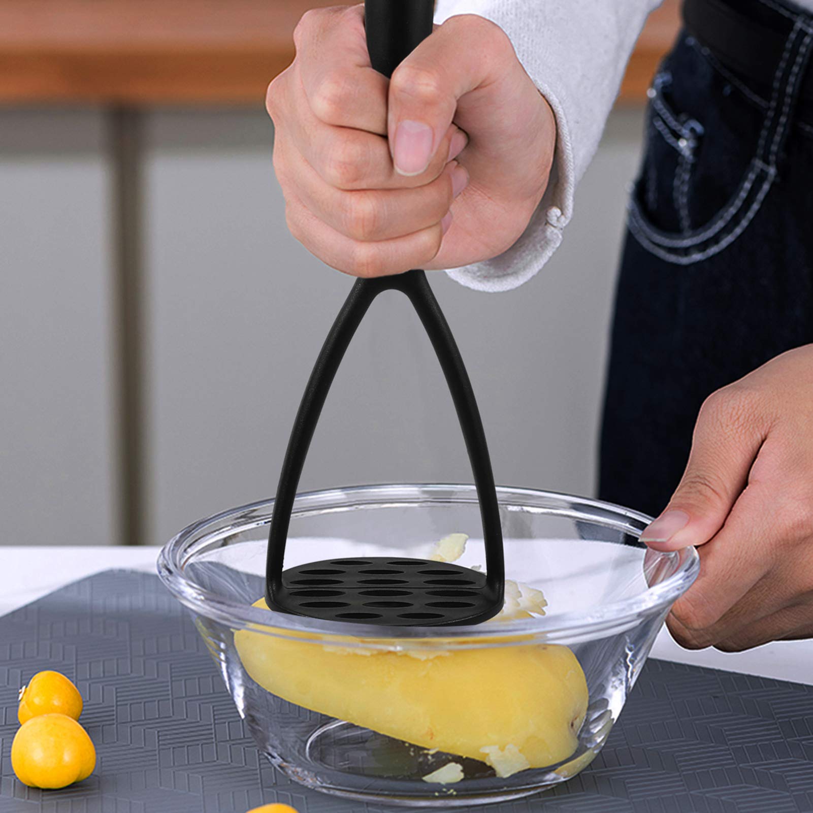 Premium Stainless Steel Potato Masher & Garlic Press - Manual Food Ricer for Potatoes, Fruits, Meat - Durable Wooden Handle & Nylon Food-Grade Tool - Perfect for Mashing, Pressing, and Cooking in Kitchens