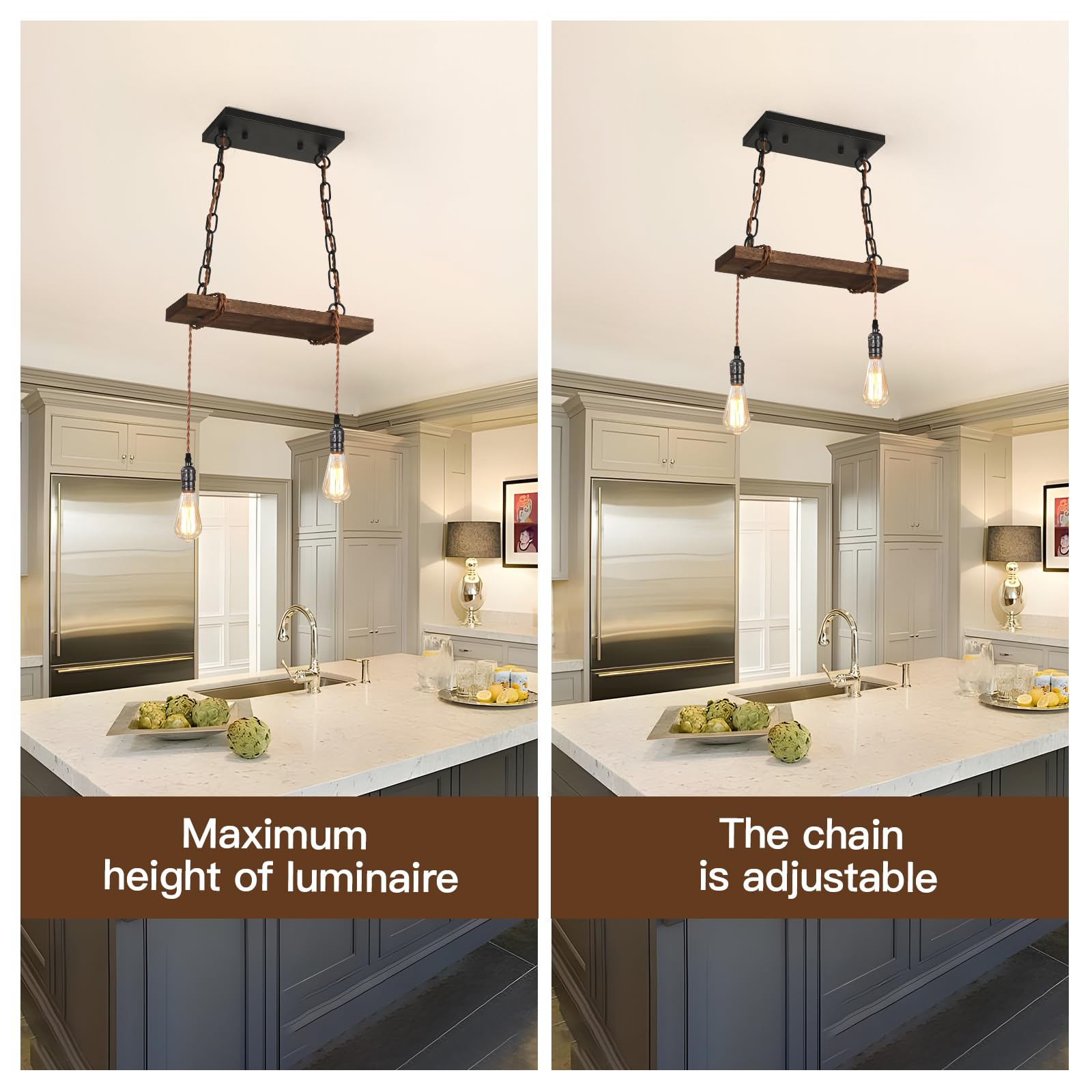 Farmhouse Pendant Lights for Kitchen Island - 2-Light Rustic Wooden Ceiling Hanging Light Fixture with Adjustable Height - Perfect for Dining Room, Bar, Pool Table, Cabin & Farmhouse Decor