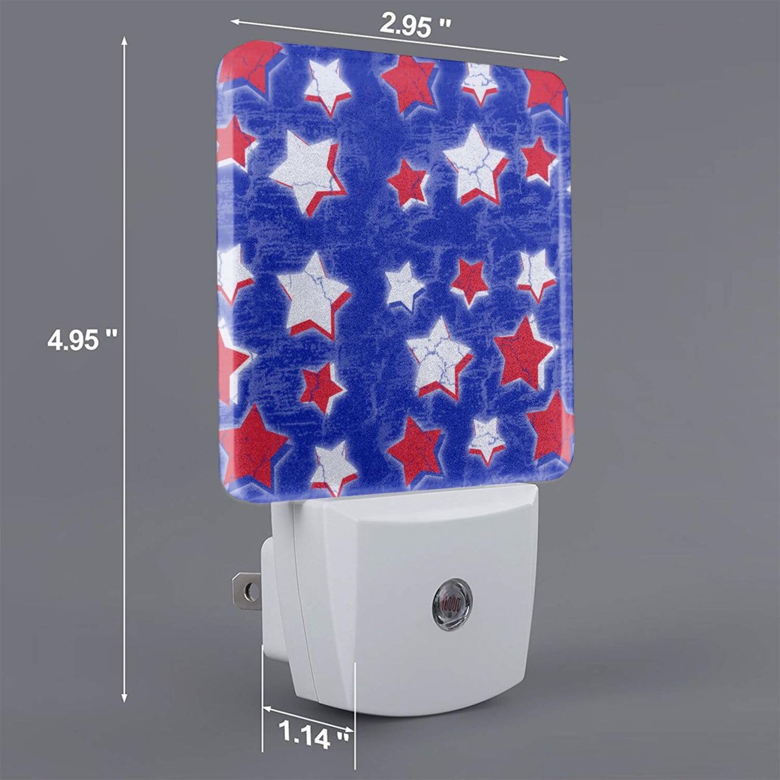 Red and White Flag Stars Plug-in LED Night Light with Auto Sensor - Set of 2 Dusk to Dawn Memorial Day Nightlights for Bedroom, Nursery, Hallway, or Bathroom