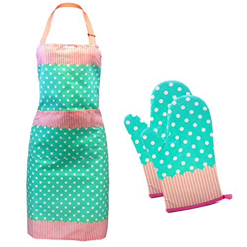 Oven Mitt With Apron ( Dotted Blue )