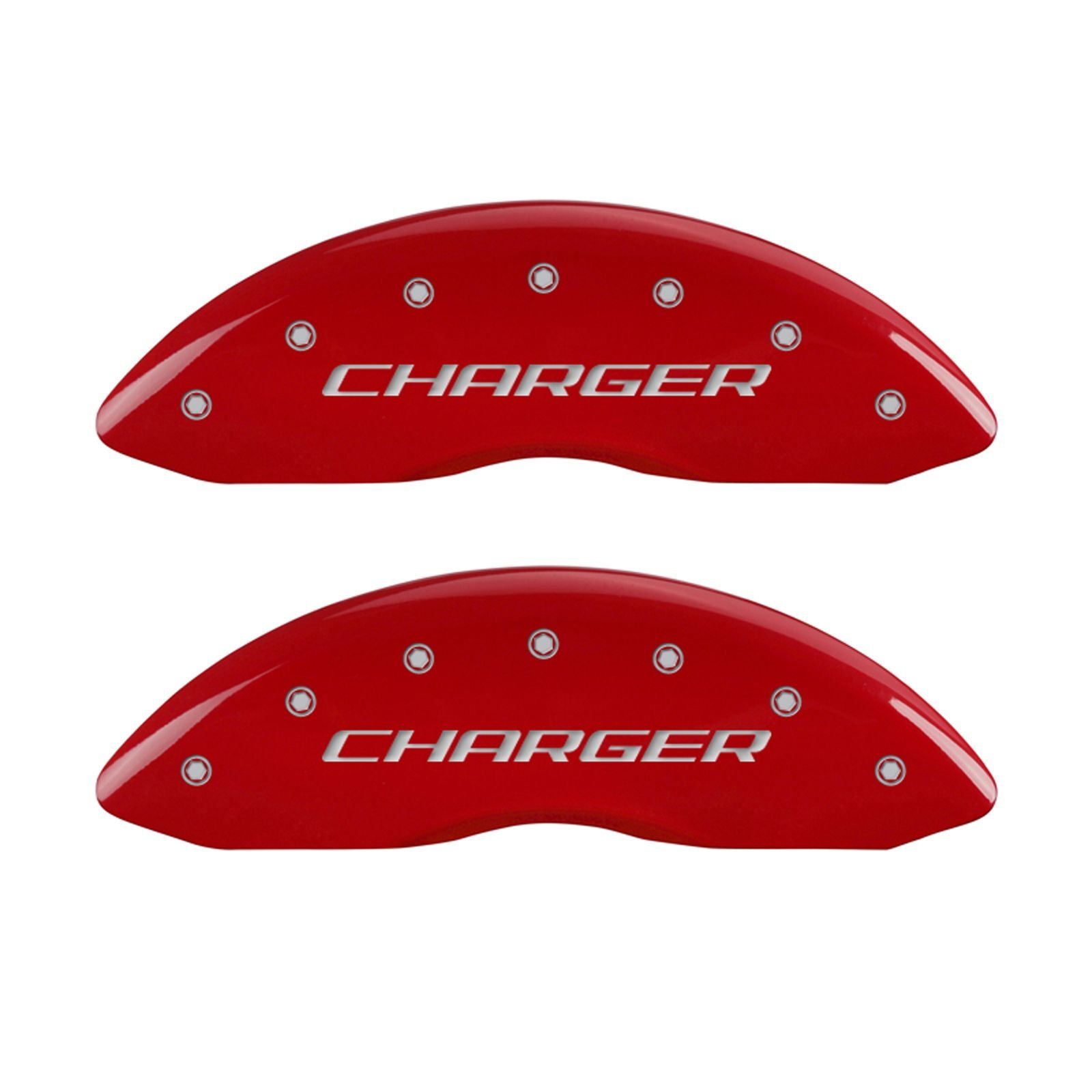 MGP Caliper Covers 12088SCHBRD - Red Powder Coat Finish Front & Rear Brake Caliper Covers (Set of 4) for Dodge Charger/Challenger - Silver Engraved Characters - High Performance & Custom Car Styling Accessories for Automotive Enthusiasts