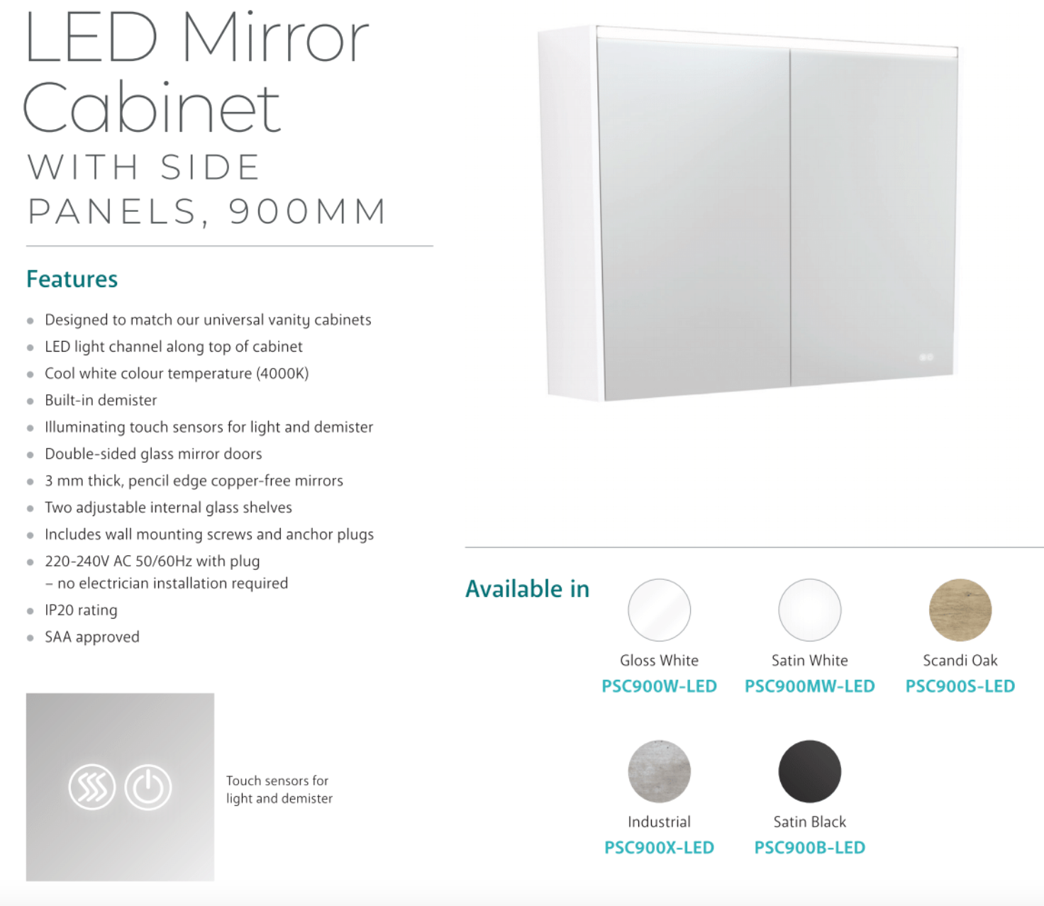 Fienza 900mm PSC900W LED Bathroom Mirror Cabinet with Touch Control - Gloss White Finish for Modern Vanity & Bathroom Decor