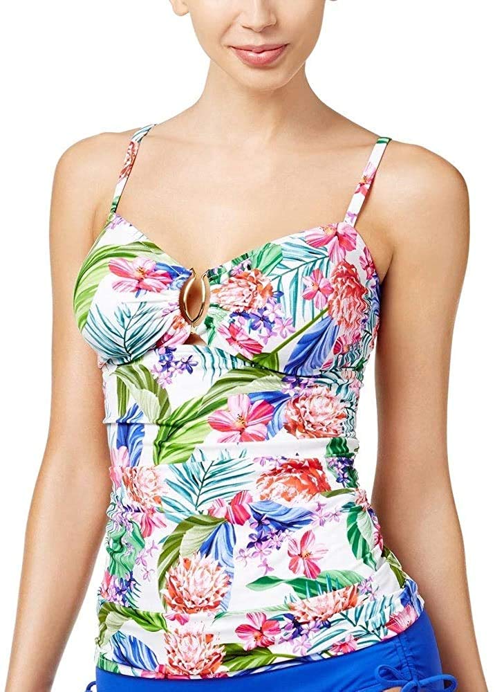 Swim Solutions Tropical Floral Print Tankini Top - Women's Swimwear (White, Size 18) | Perfect for Beach Vacations & Pool Parties