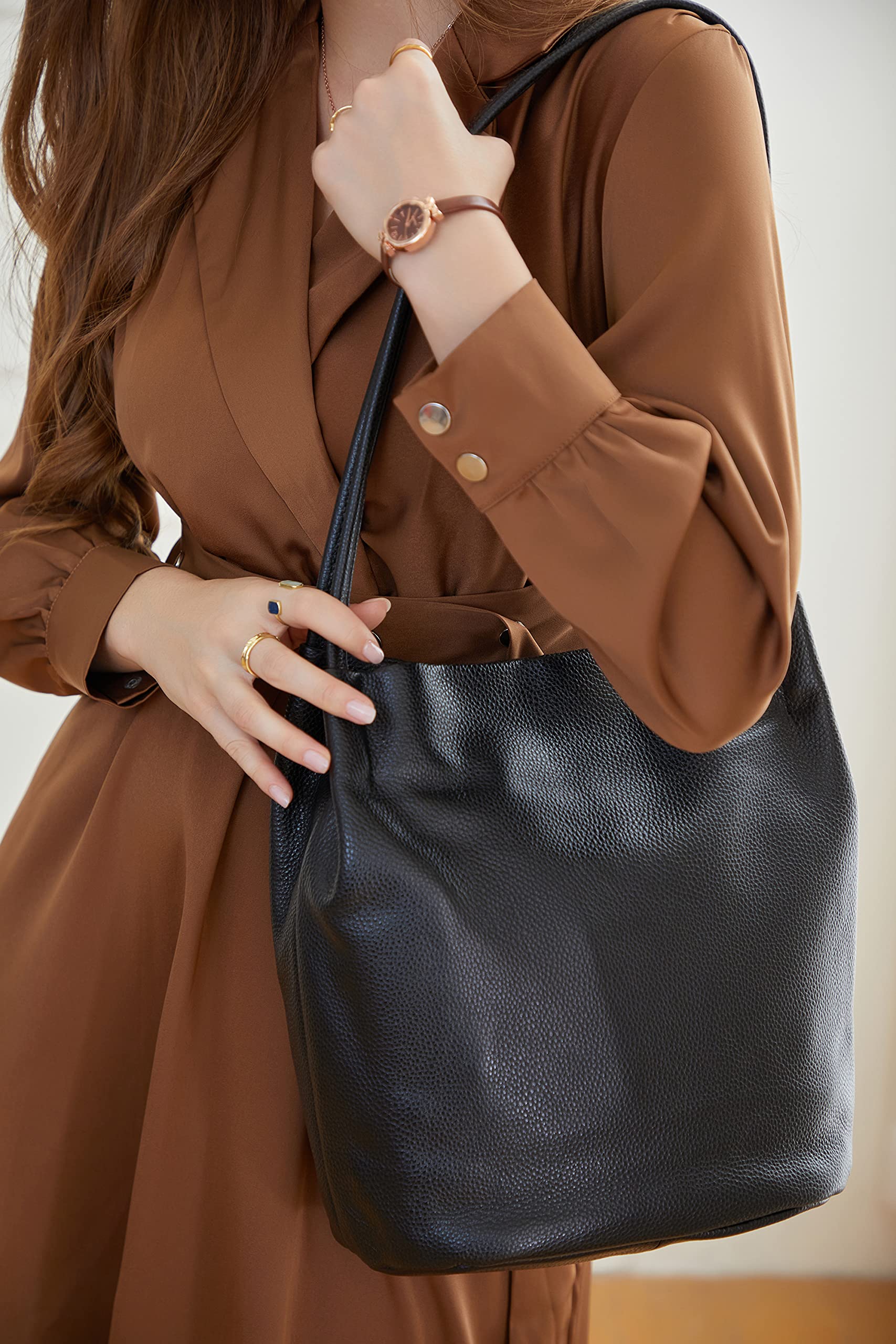 **Iswee Genuine Leather Tote Bucket Bags for Women - Stylish Hobo Shoulder Bags & Handbags - Perfect for Work, Travel, and Everyday Use**