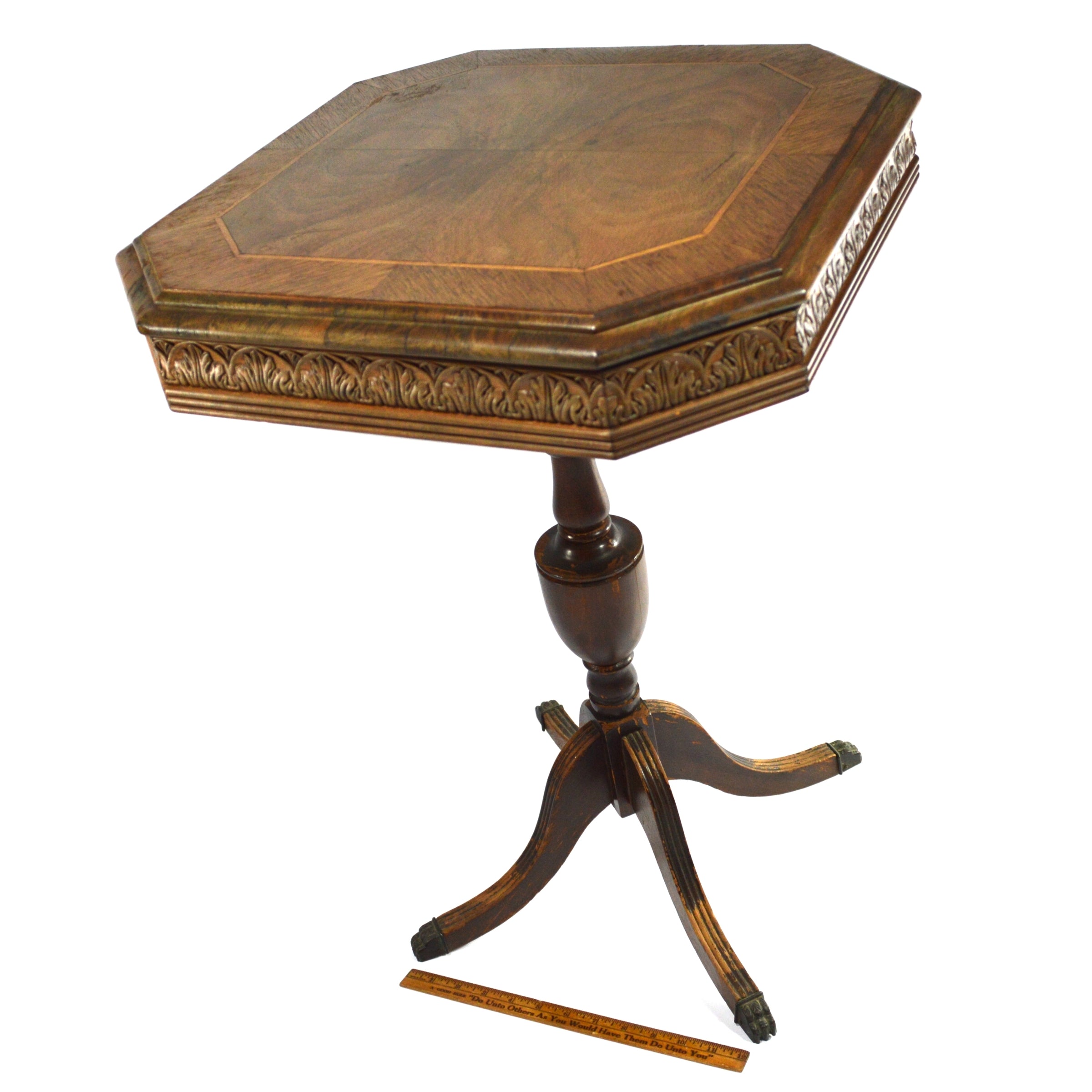 Antique Victorian Hardwood Pedestal Table 18x18 Inches - Square Carved & Inlaid Claw Feet - Perfect for Dining Room, Living Room, or Vintage Home Decor