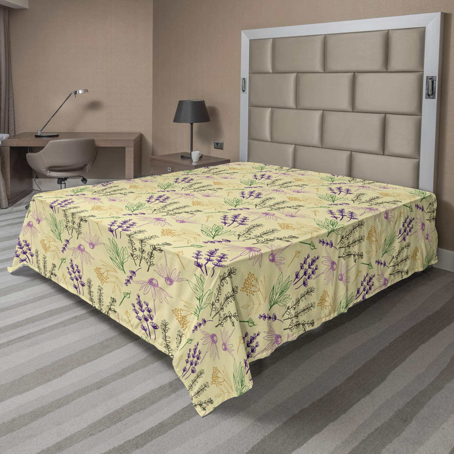 Ambesonne Floral Flat Sheet - California King Size, Soft & Comfortable Beige Multicolor Aster Blossoms Herbs Botanical Print Bedding | Perfect for Guest Rooms, Master Bedrooms & Cozy Home Decor