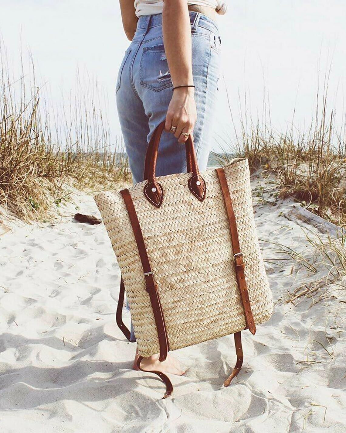 Premium Picnic Basket Backpack - Leather Fruit Basket & Woven Beach Backpack for Outdoor Picnics, French Market Shopping, and Beach Trips (Brown, No Name)