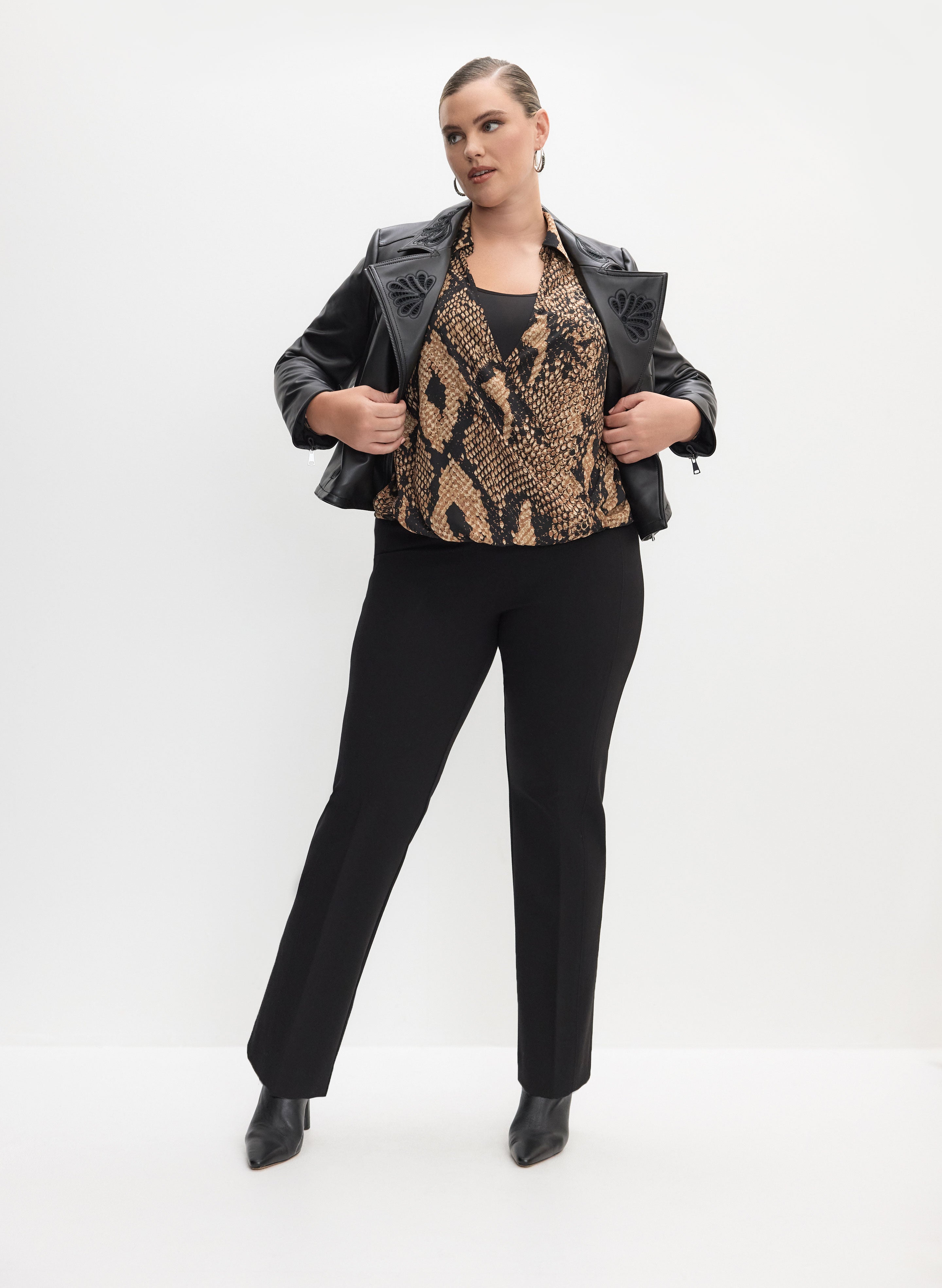 Vegan Leather Jacket with Embroidery & Stretch Straight Leg Pull-On Jeans for Women | Casual Outfit for Streetwear, Date Night, and Everyday Fashion