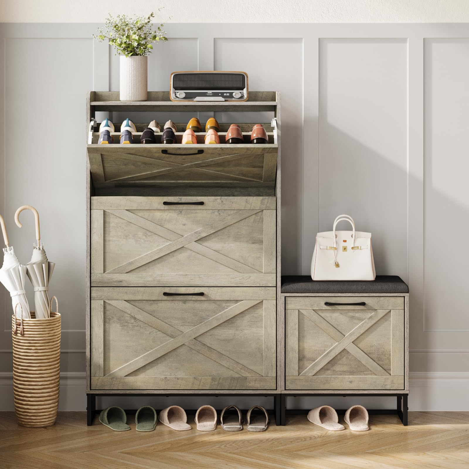 Maupvit 4-Tier Flip Drawer Shoe Storage Cabinet - Holds 28 Pairs, Entryway Shoe Bench & Hidden Organizer for Living Room, Hallway - Space-Saving Grey Shoe Rack (Perfect for Small Apartments & Cluttered Entryways)