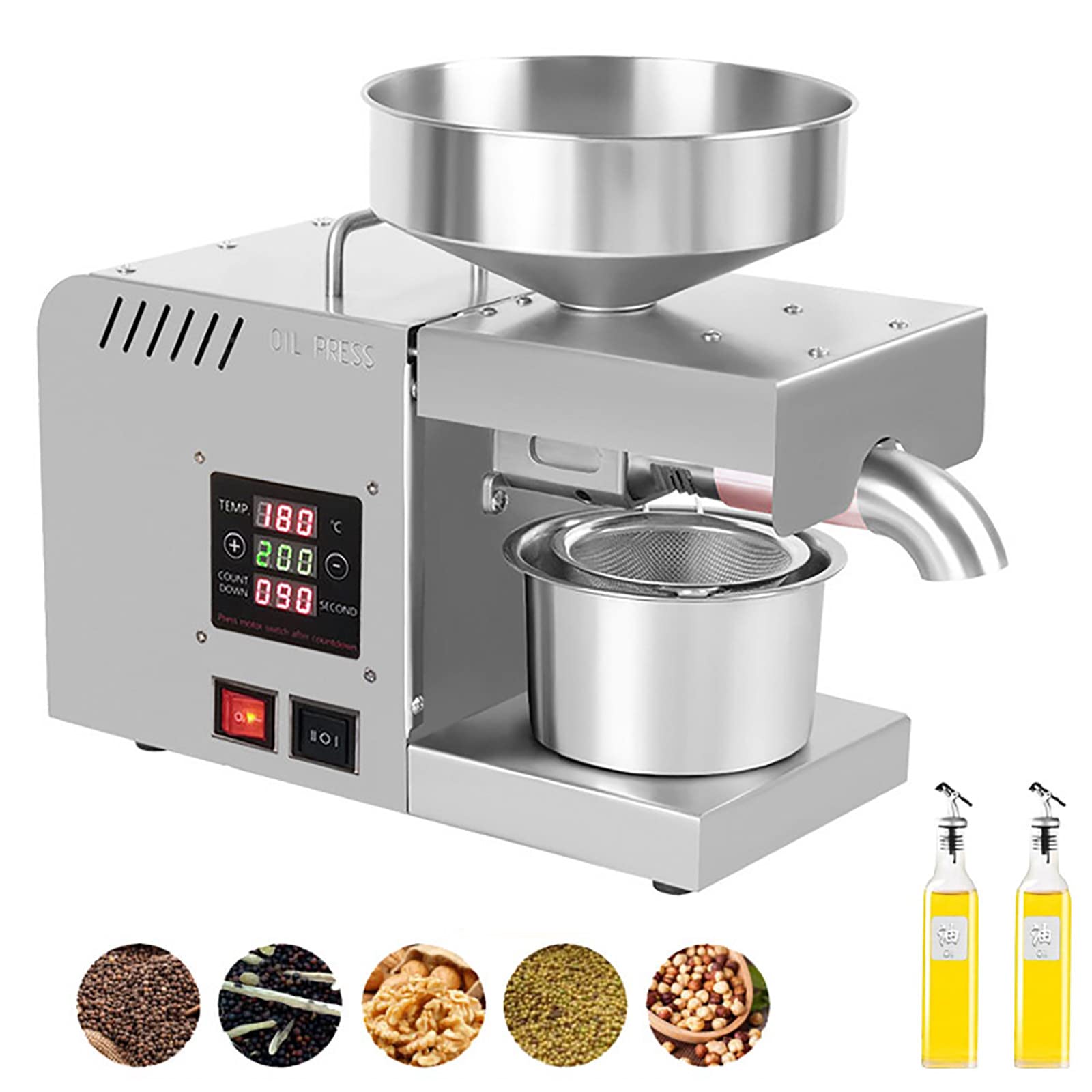 610W Commercial Stainless Steel Oil Press Machine - Cold/Hot Press Automatic Oil Extractor for Flax, Peanut, Sesame & Canola Seeds | Organic Oil Expeller for Home & Restaurant Use