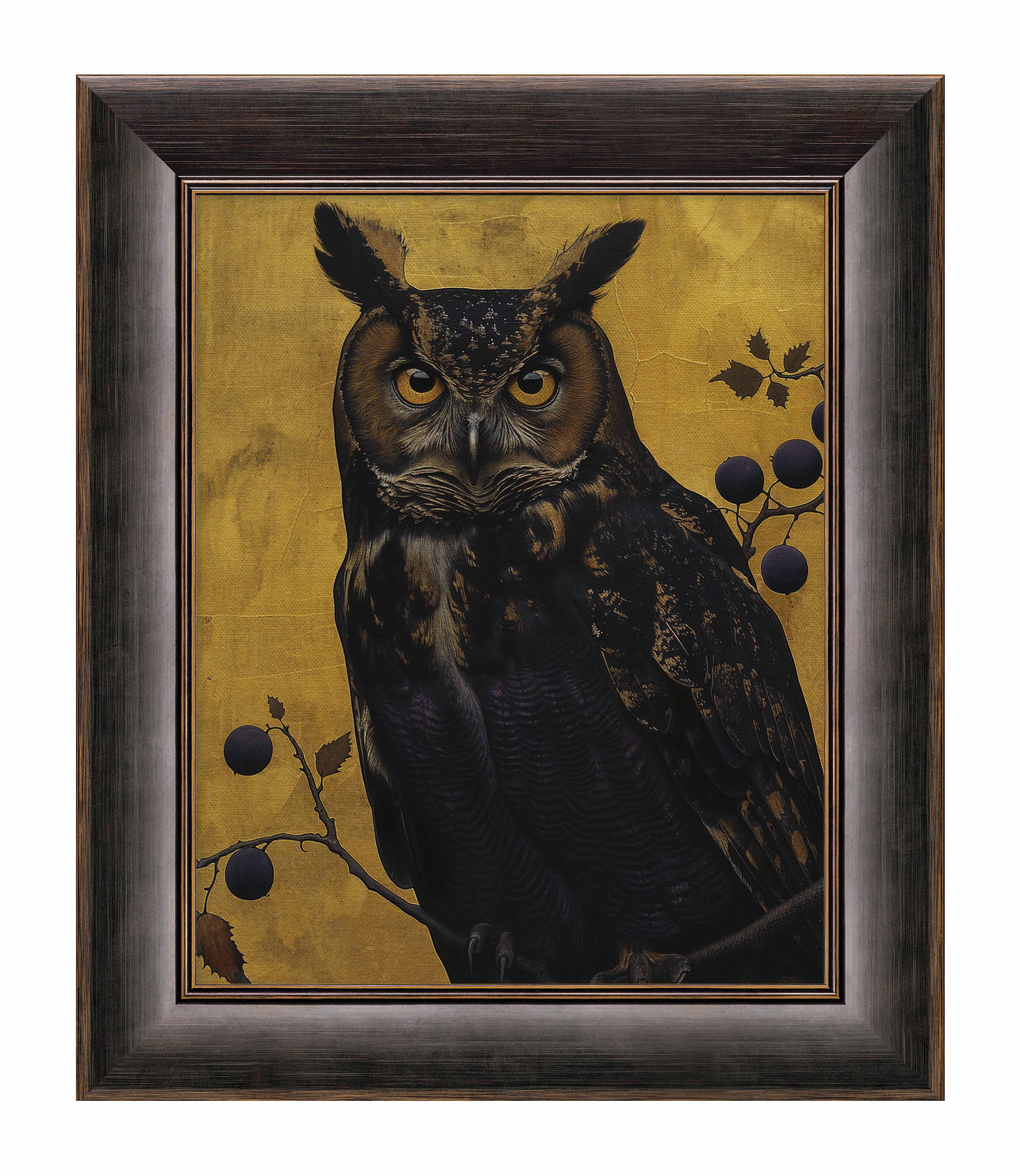 Golden Gaze Great Horned Owl Among Berries - Limited Edition Canvas Wall Art for Home & Office Decor - Nature Inspired Wildlife Painting for Living Room, Bedroom or Gift