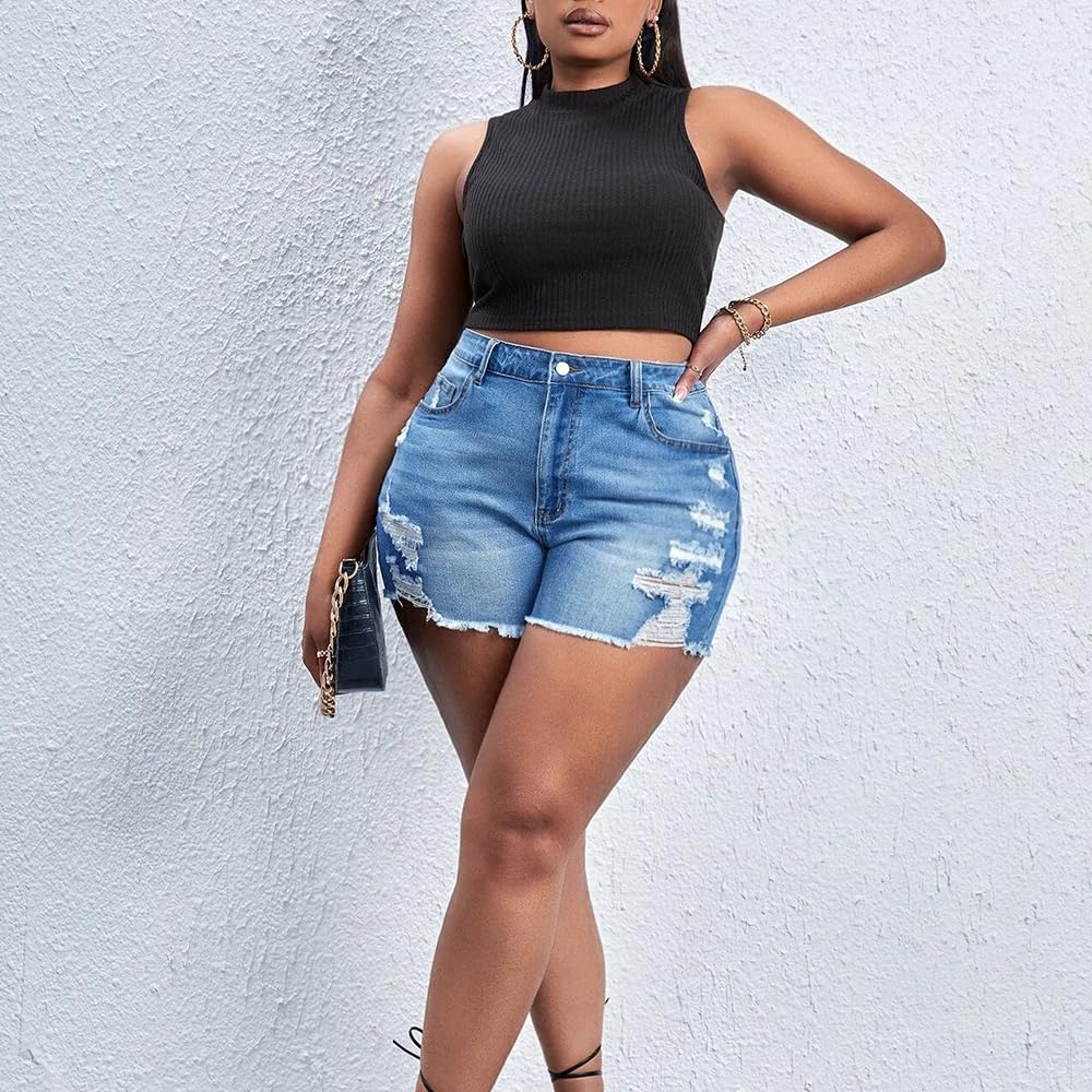 MapleHub Plus Size Women's Ripped Denim Shorts - High Waisted Stretchy Jean Shorts with Folded Hem for Summer Casual Wear & Street Style