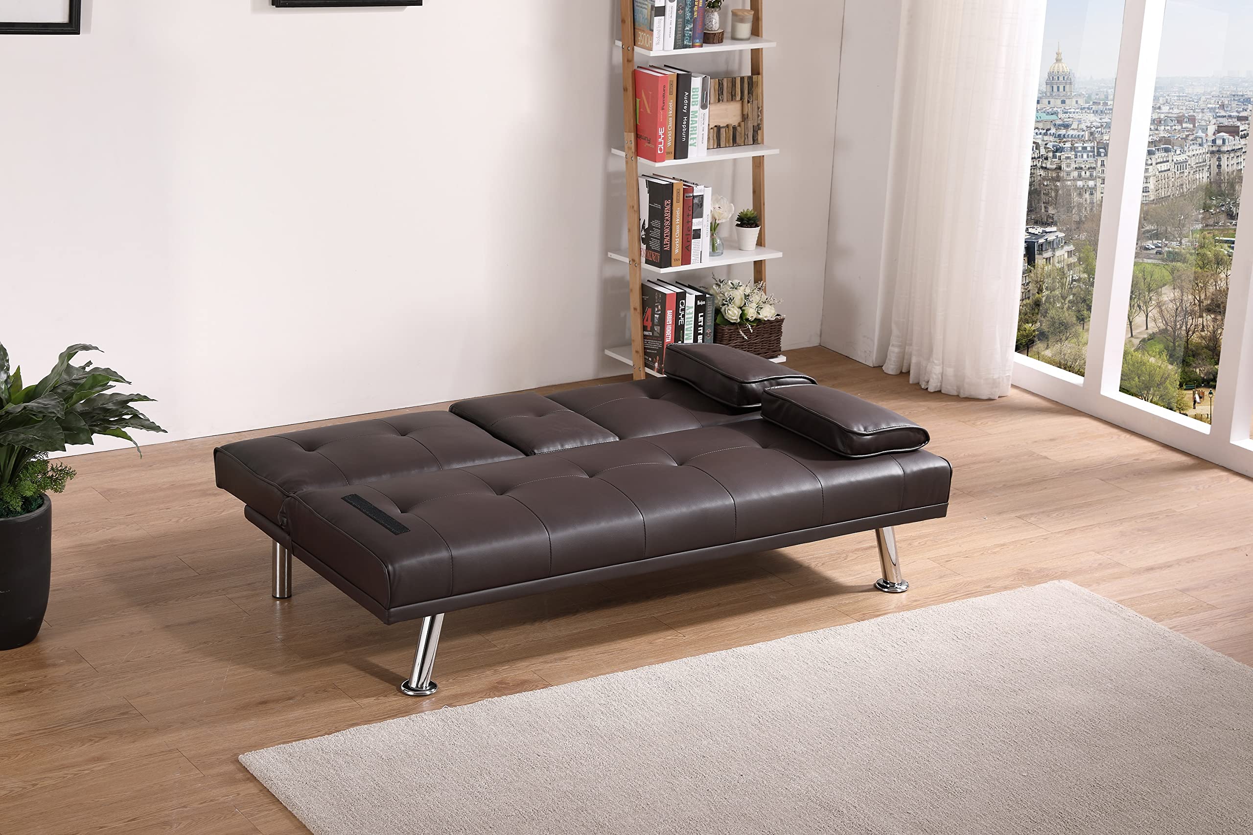 Modern Faux Leather Convertible Futon Sofa Bed - Foldable Sleeper Couch with Cup Holder for Small Spaces, Living Room, Apartment & Dorm - Bonus Room Furniture (Brown, 67