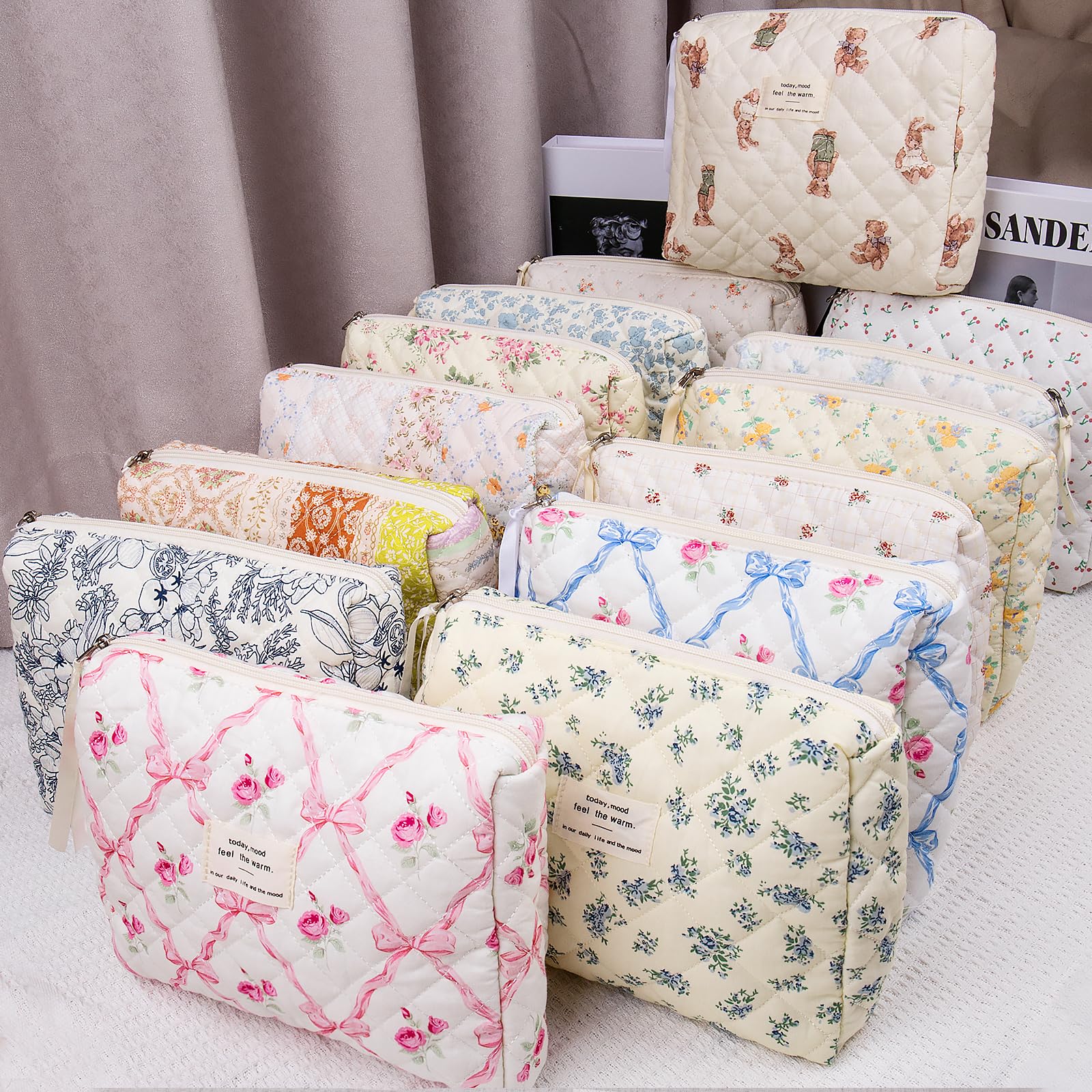 Floral Makeup Bag for Women - Large Quilted Cosmetic Pouch, Blue Flower Travel Organizer for Toiletries & Beauty Essentials