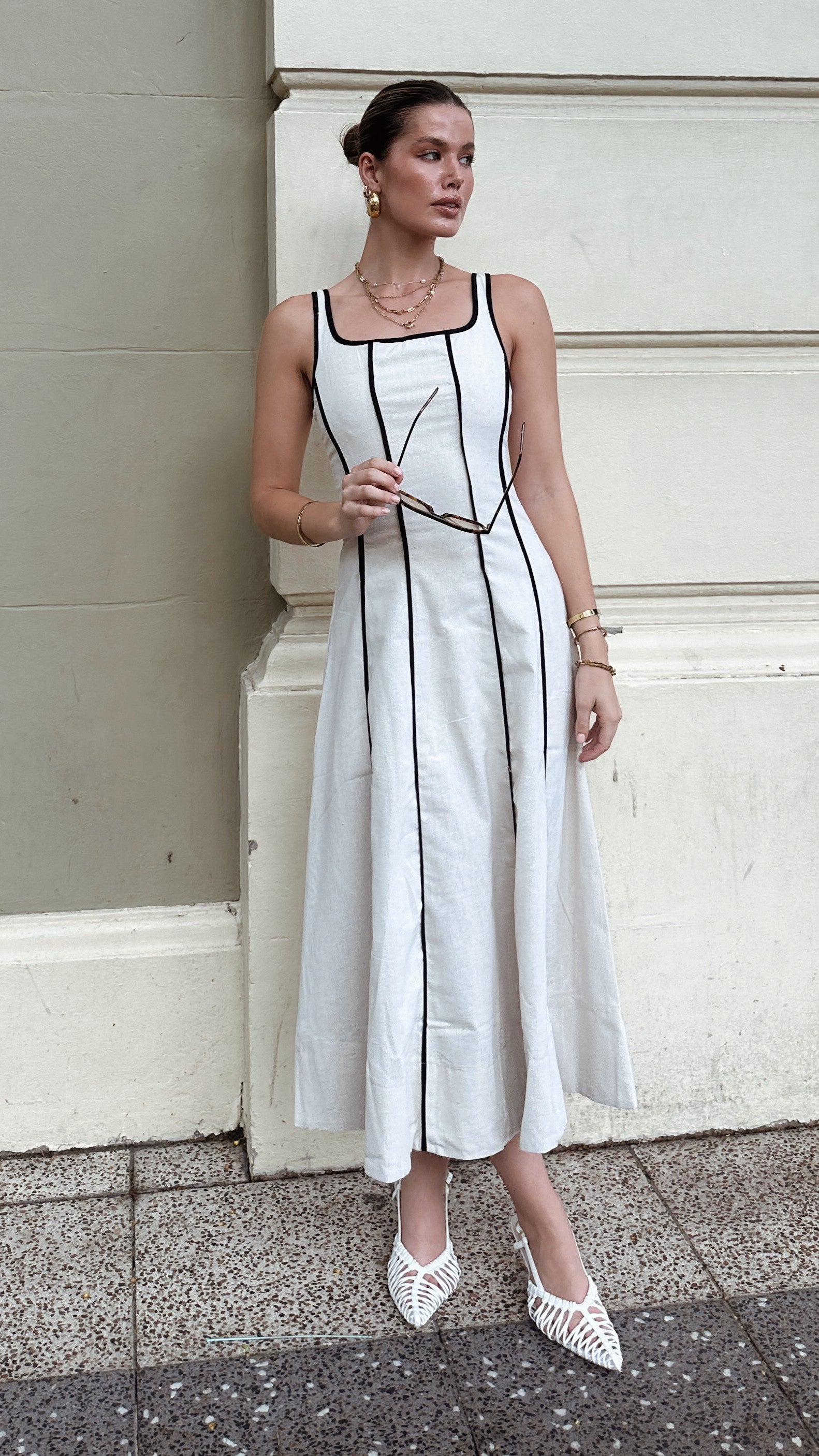 Adelina Maxi Dress for Women - Elegant Long Flowy Boho Summer Dress in Oatmeal Beige | Perfect for Beach Vacation, Date Night & Casual Outings