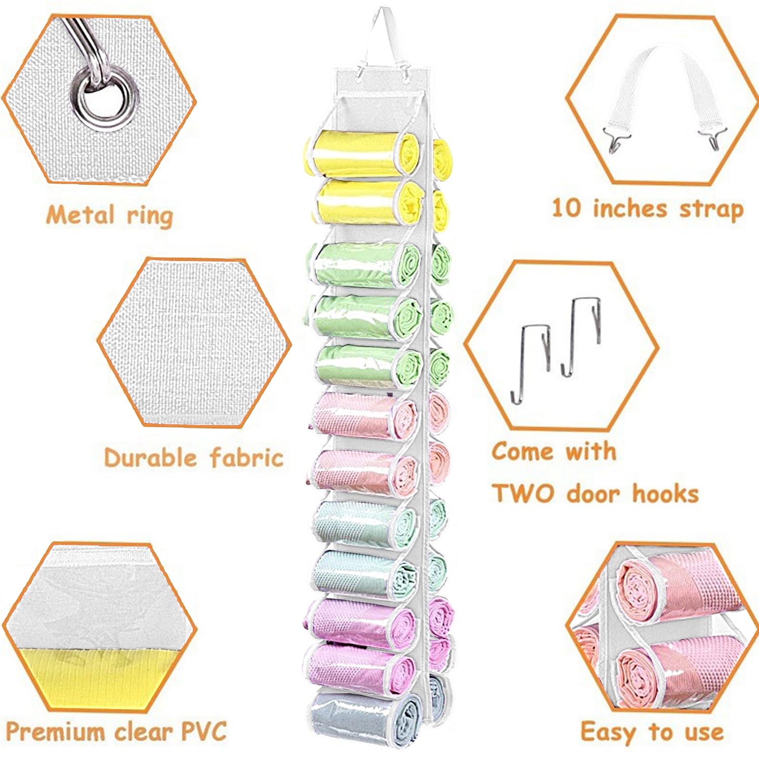 Foldable Legging Storage Bag Hanger - Holds 24 Pairs of Leggings, Shirts & Jeans - Portable Closet Organizer with Roll Holder - Space Saving Clothes Storage for Travel & Home Organization (White)